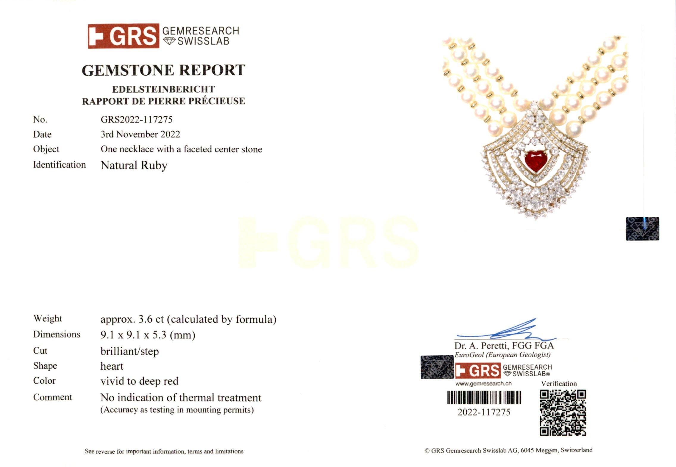 Asprey Co Necklace Pearls 10ct Diamonds, 3.6ct Heart NH Ruby, Estate Sultan Oman For Sale 1
