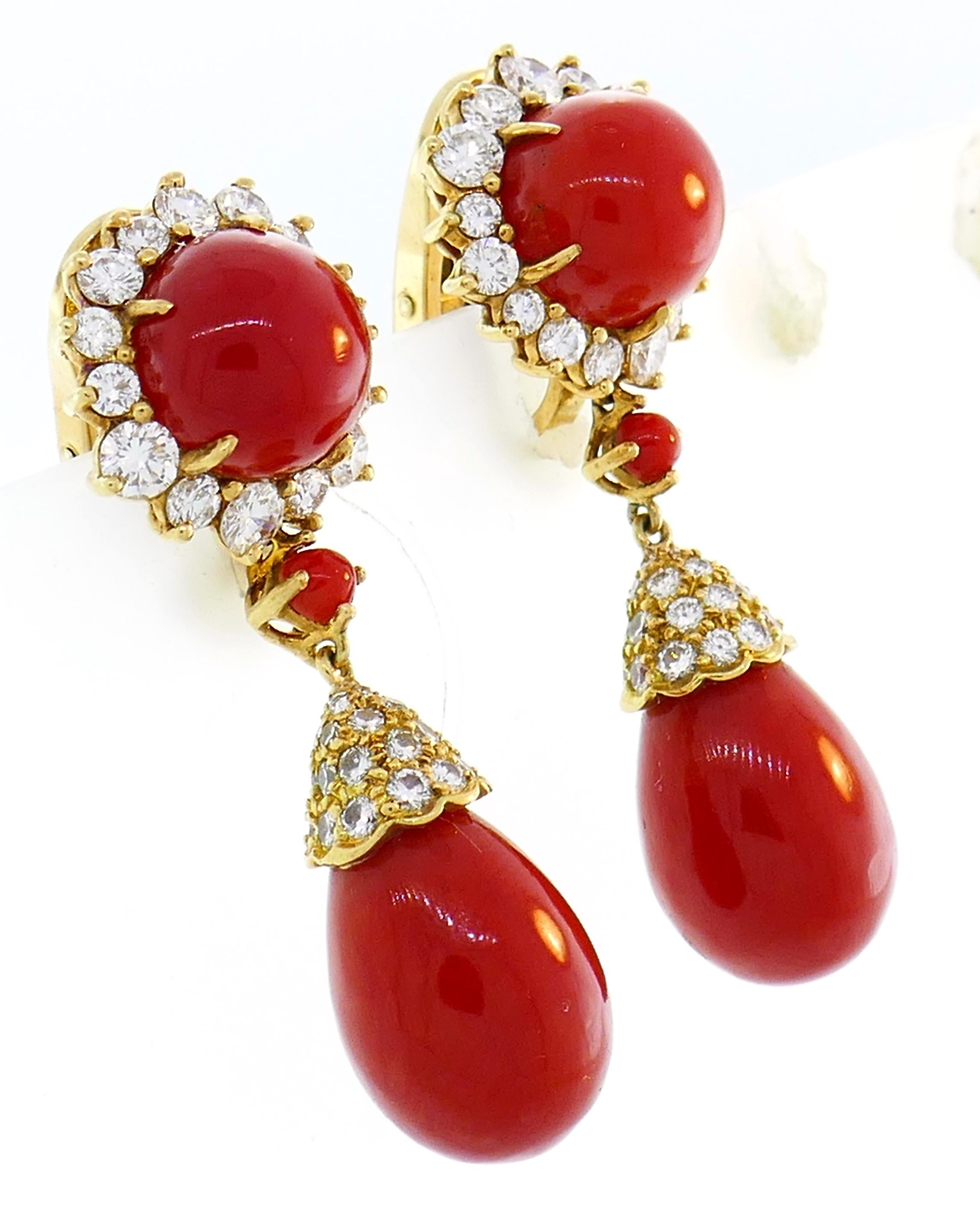 Asprey Coral Diamond Yellow Gold Earrings In Excellent Condition In Beverly Hills, CA