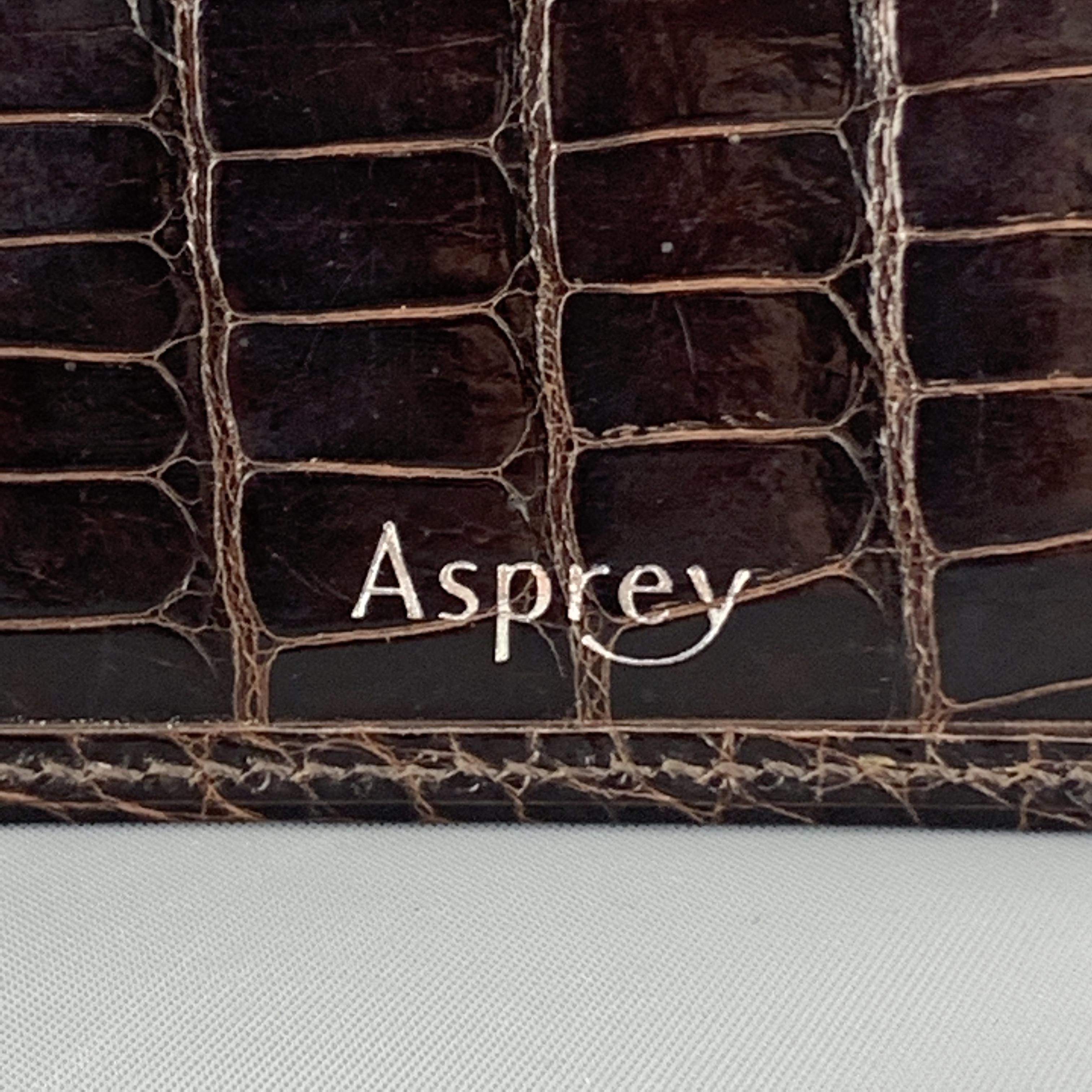 Black ASPREY Crocodile Dark Brown Leather Flat Card Case