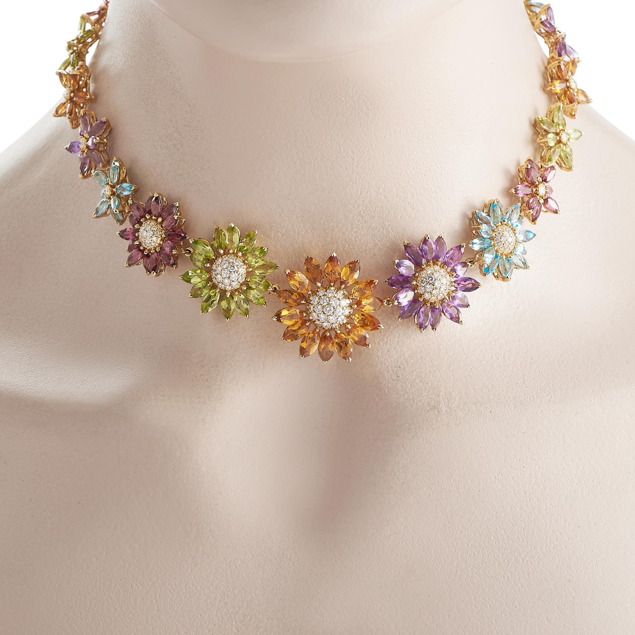 From British luxury brand Asprey, here is a multi-gem necklace beaming with playful color and feminine sophistication. The necklace's full strand is decorated with flowers, each designed with a diamond-encrusted center and colored gemstone petals.