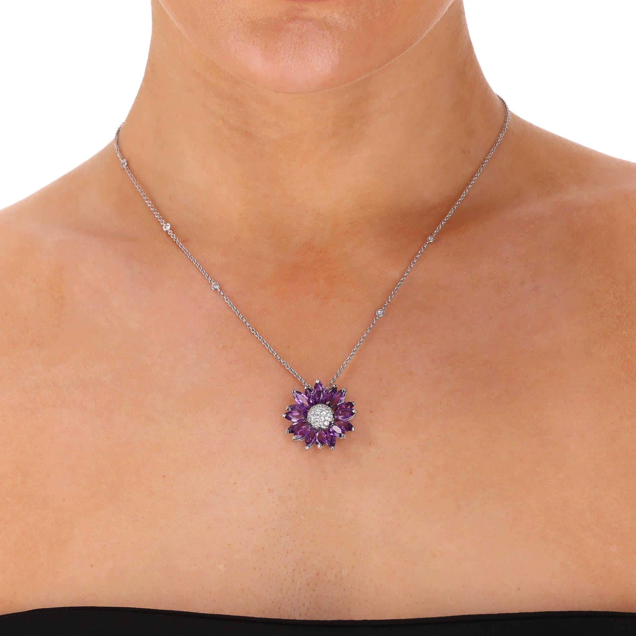 We Adore - Asprey Daisy Pendant in Amethyst & Diamond With 18k White Gold Necklace

Hand-cast necklace designed with a flower strung on 18k white gold chain with brilliant cut diamonds scattered around and clustered in the centre of the