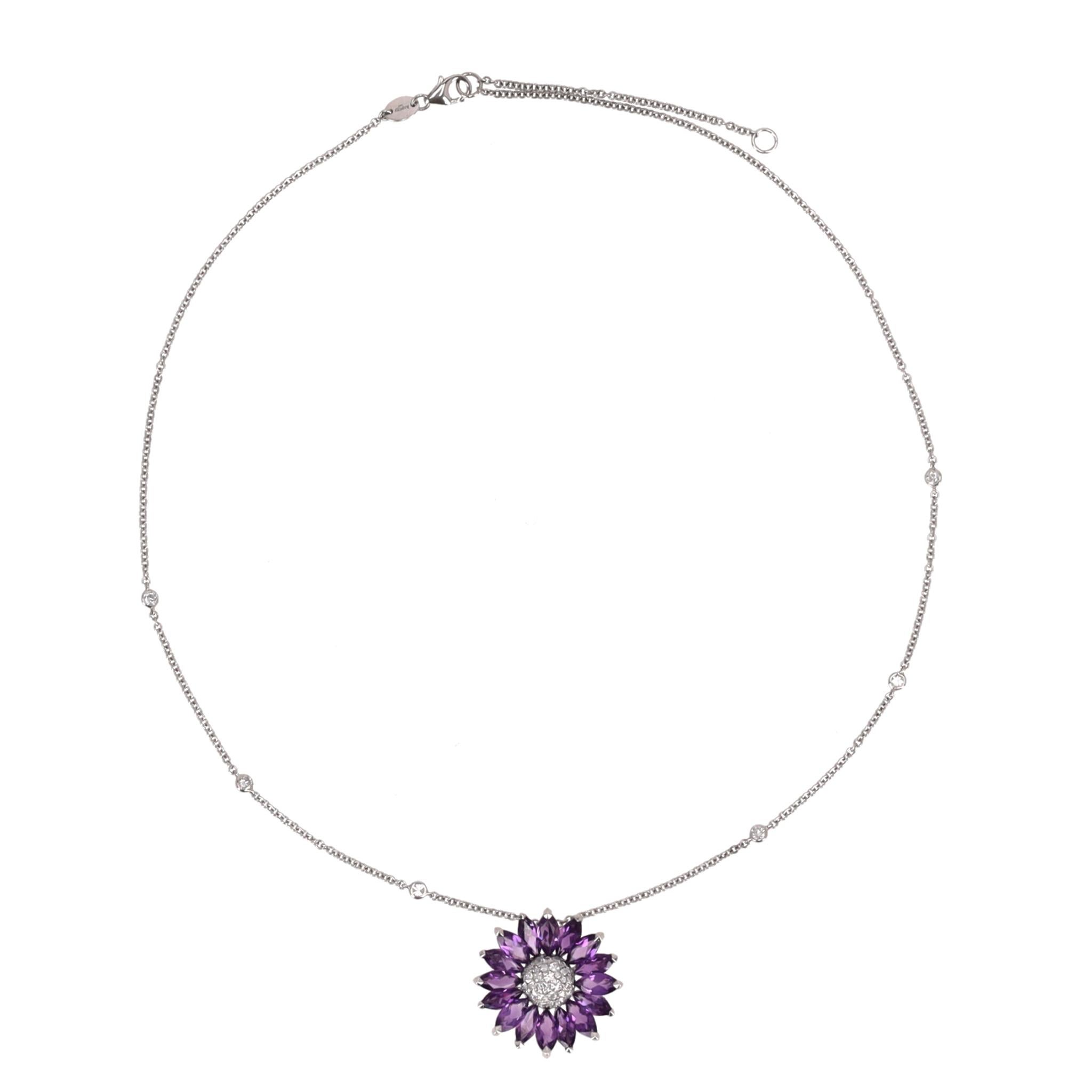 Round Cut Asprey Daisy Pendant in Amethyst & Diamond With 18k White Gold Necklace For Sale