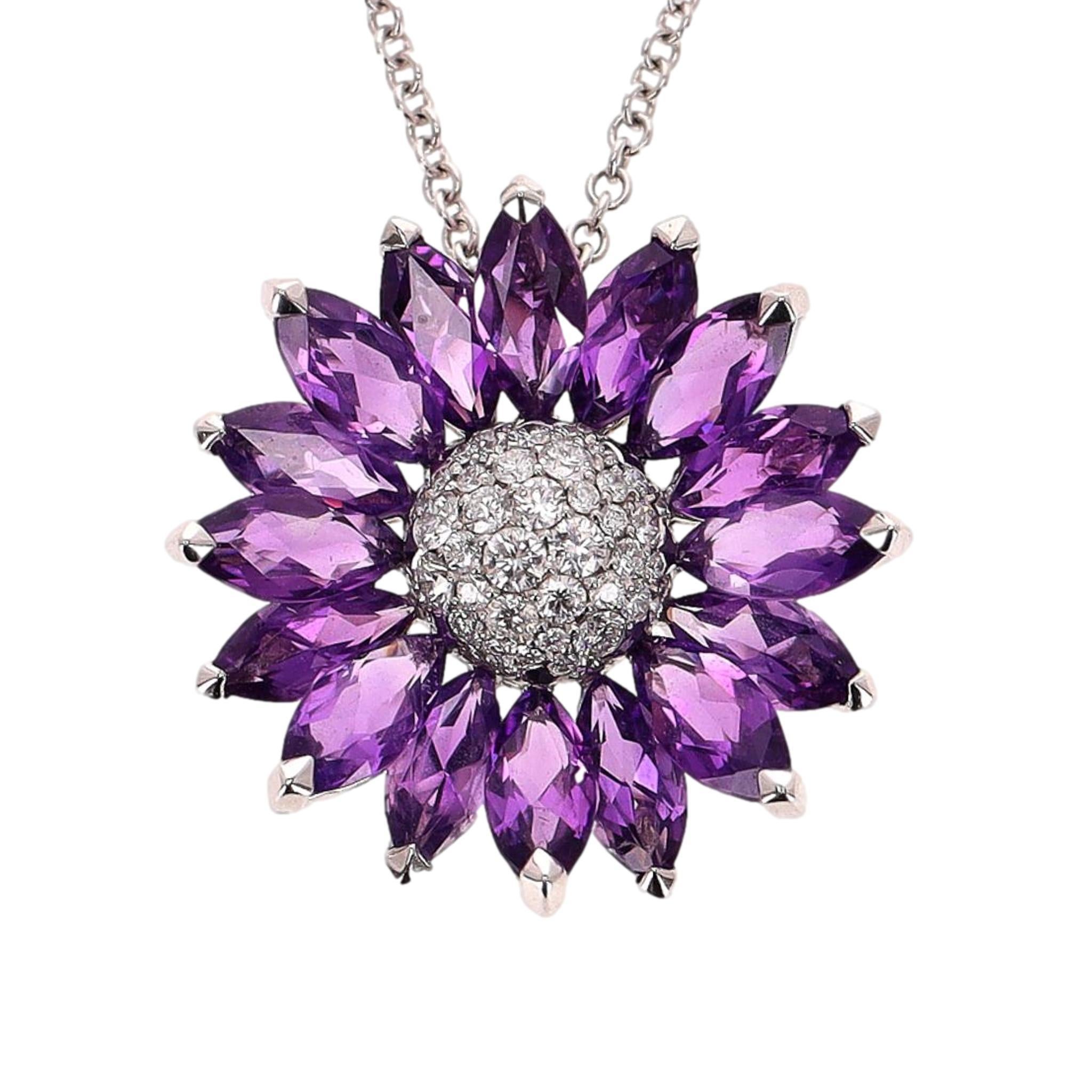 Asprey Daisy Pendant in Amethyst & Diamond With 18k White Gold Necklace In Excellent Condition For Sale In London, GB