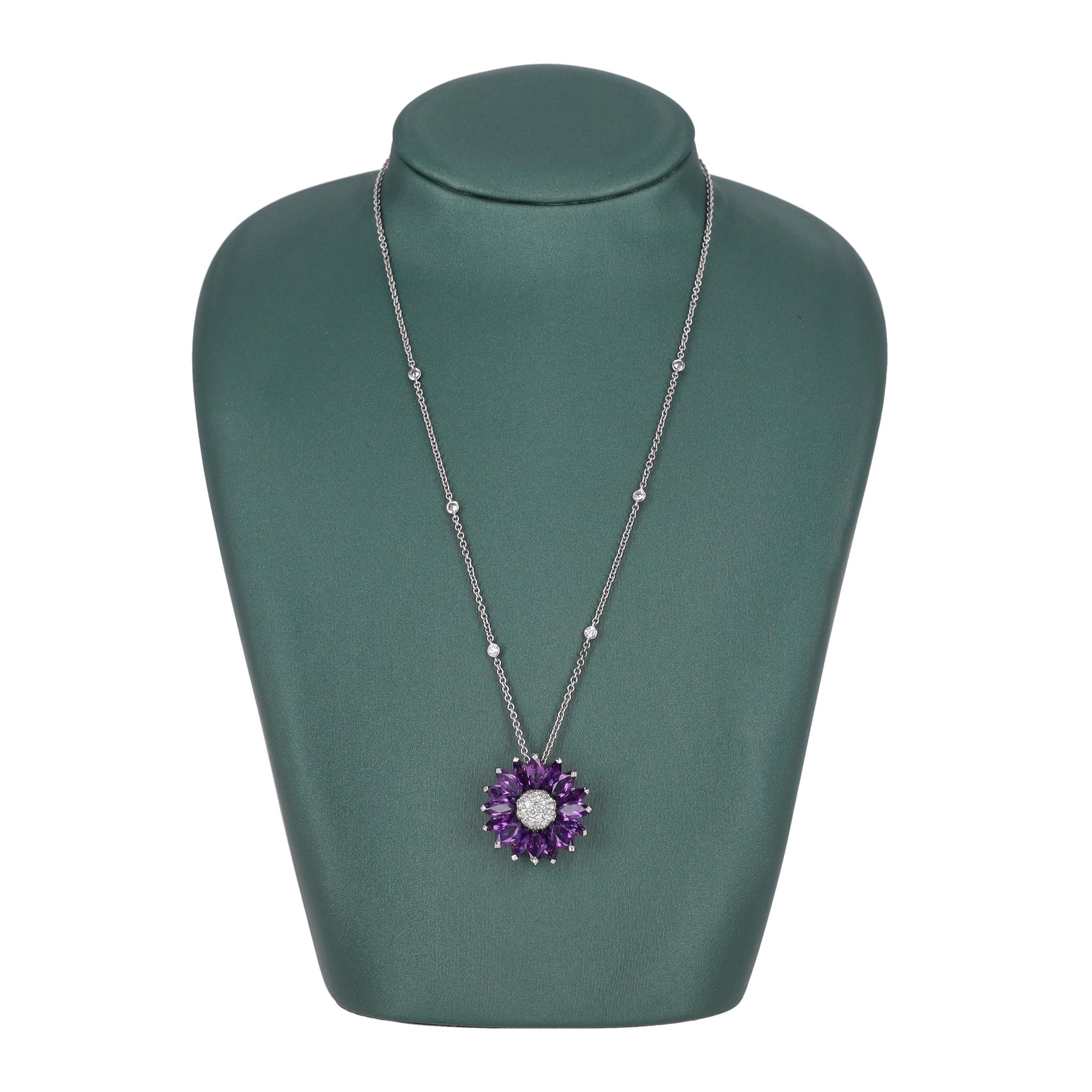Women's Asprey Daisy Pendant in Amethyst & Diamond With 18k White Gold Necklace For Sale