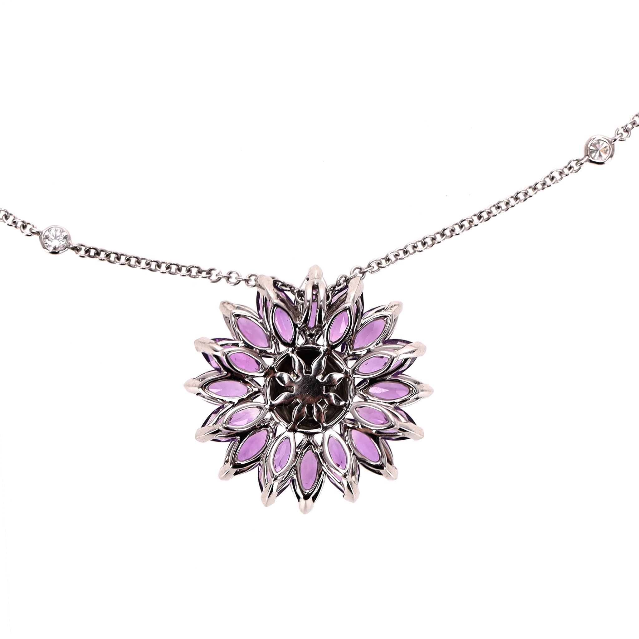 Asprey Daisy Pendant in Amethyst & Diamond With 18k White Gold Necklace For Sale 1
