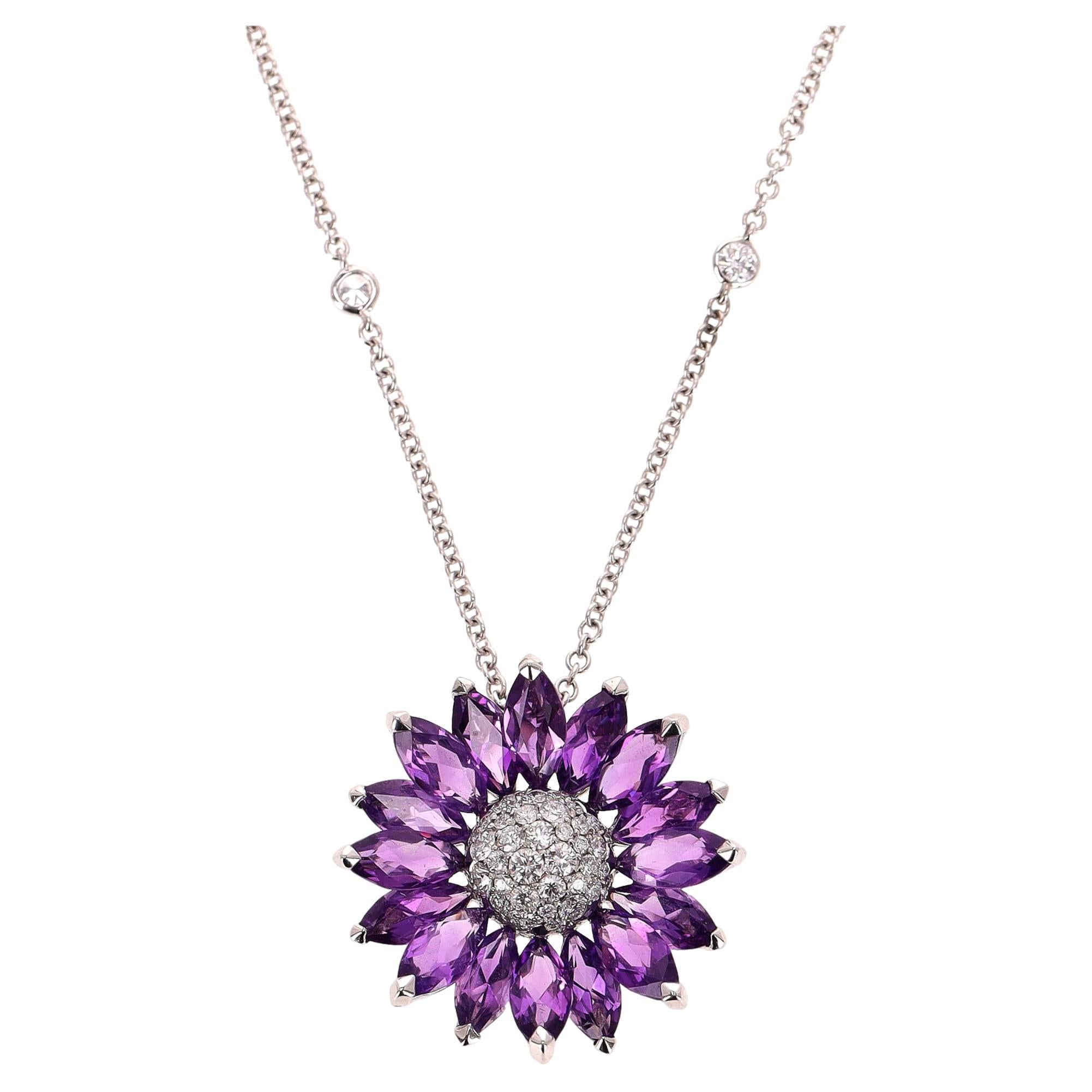 Asprey Daisy Pendant in Amethyst & Diamond With 18k White Gold Necklace For Sale