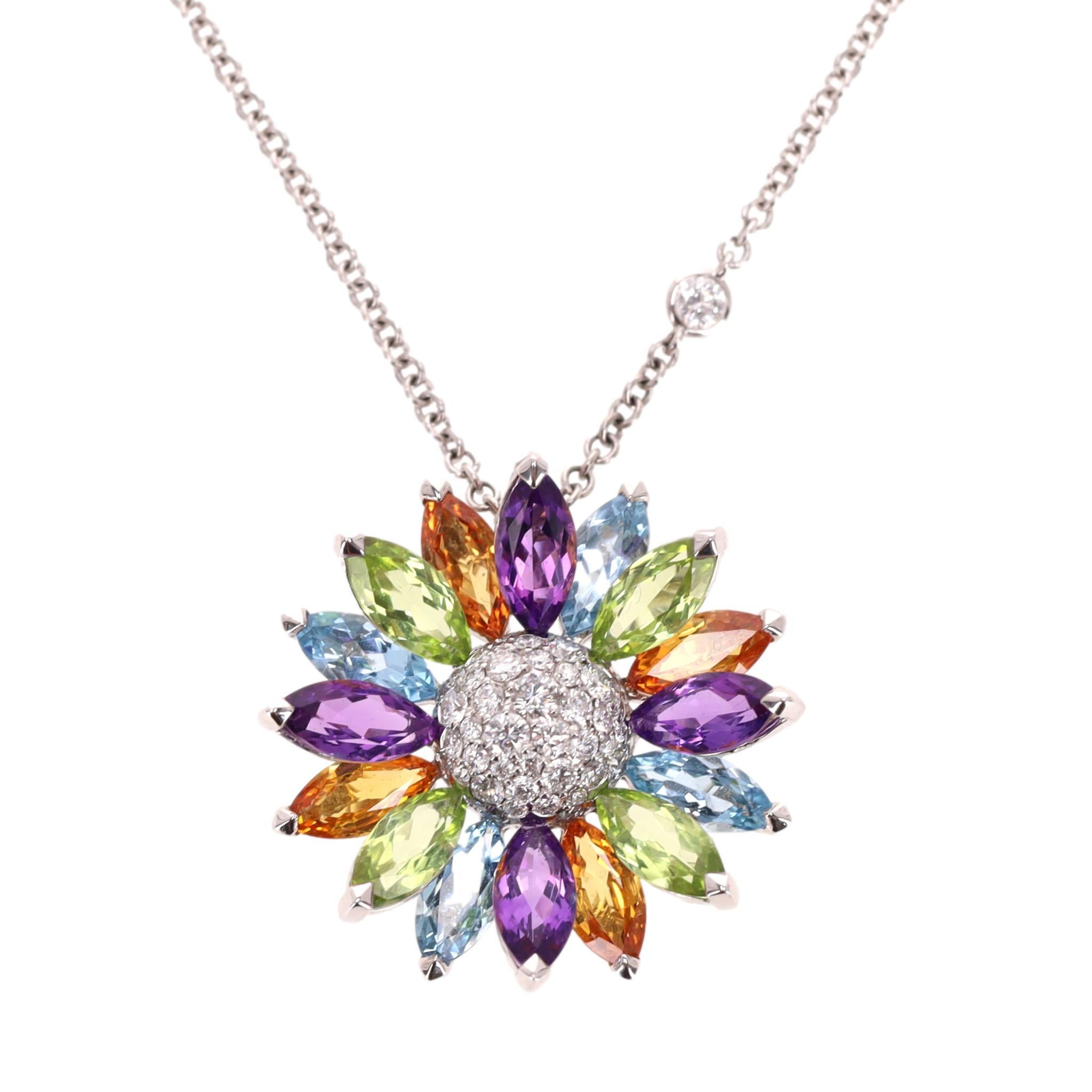 Asprey Gänseblümchen Anhänger in Edelsteinen & Diamant mit 18k Weißgold Halskette im Angebot 5