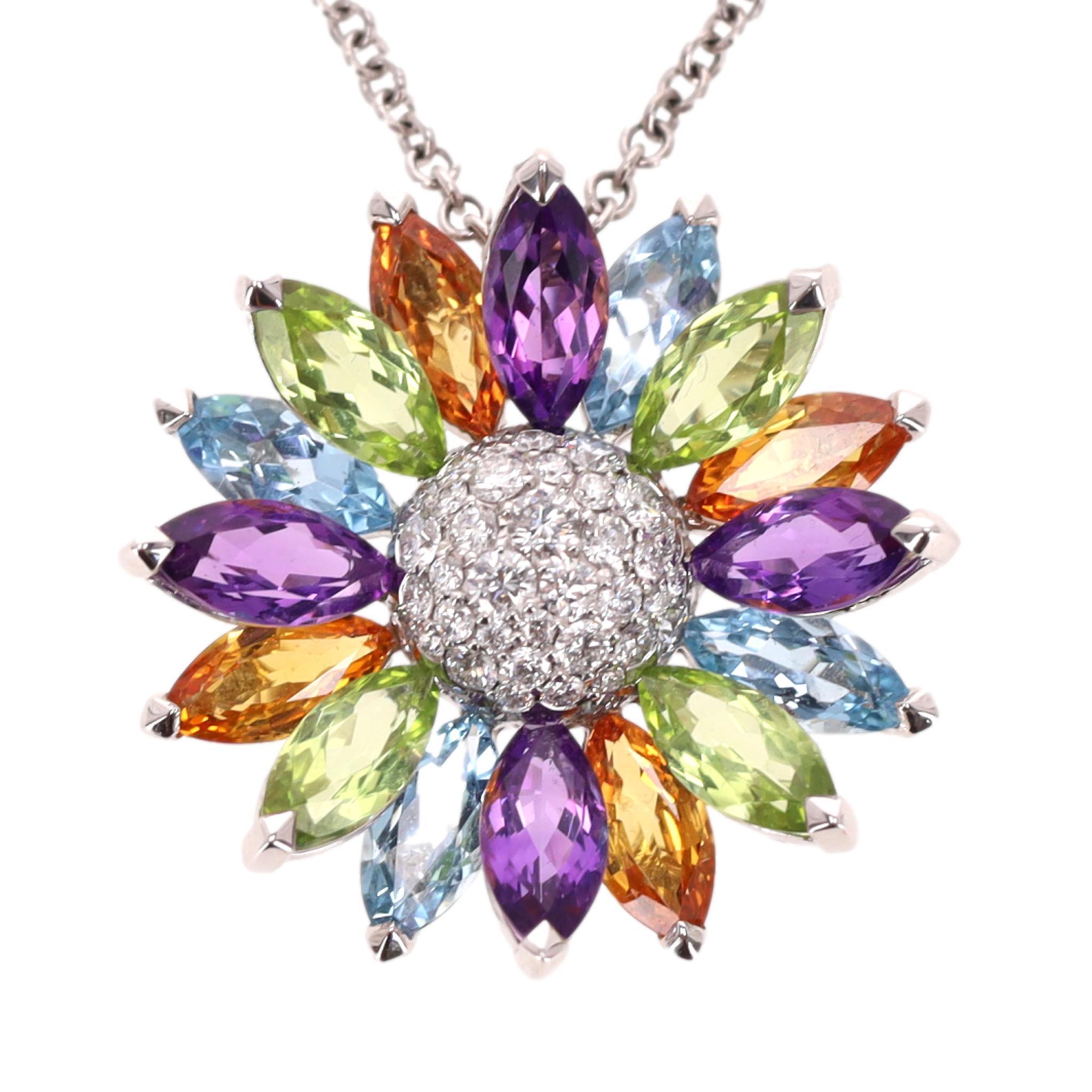 Asprey Gänseblümchen Anhänger in Edelsteinen & Diamant mit 18k Weißgold Halskette im Zustand „Hervorragend“ im Angebot in London, GB
