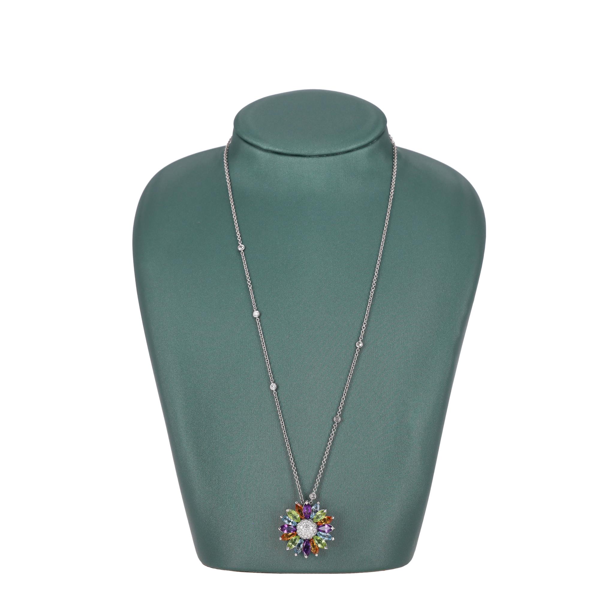 Asprey Gänseblümchen Anhänger in Edelsteinen & Diamant mit 18k Weißgold Halskette Damen im Angebot