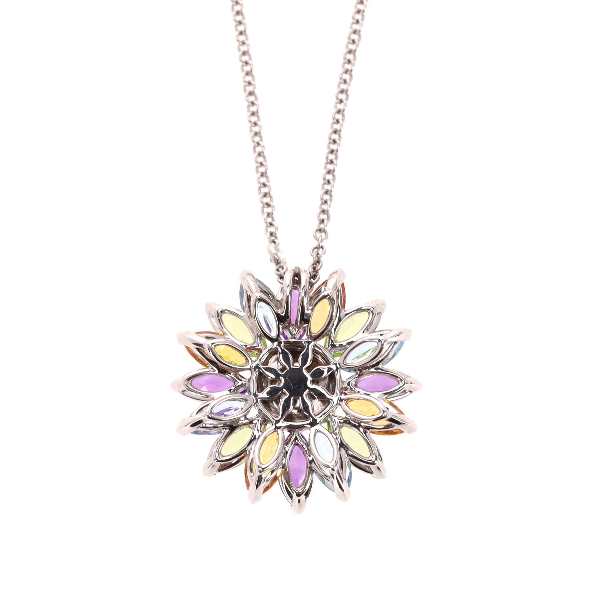 Asprey Gänseblümchen Anhänger in Edelsteinen & Diamant mit 18k Weißgold Halskette im Angebot 1