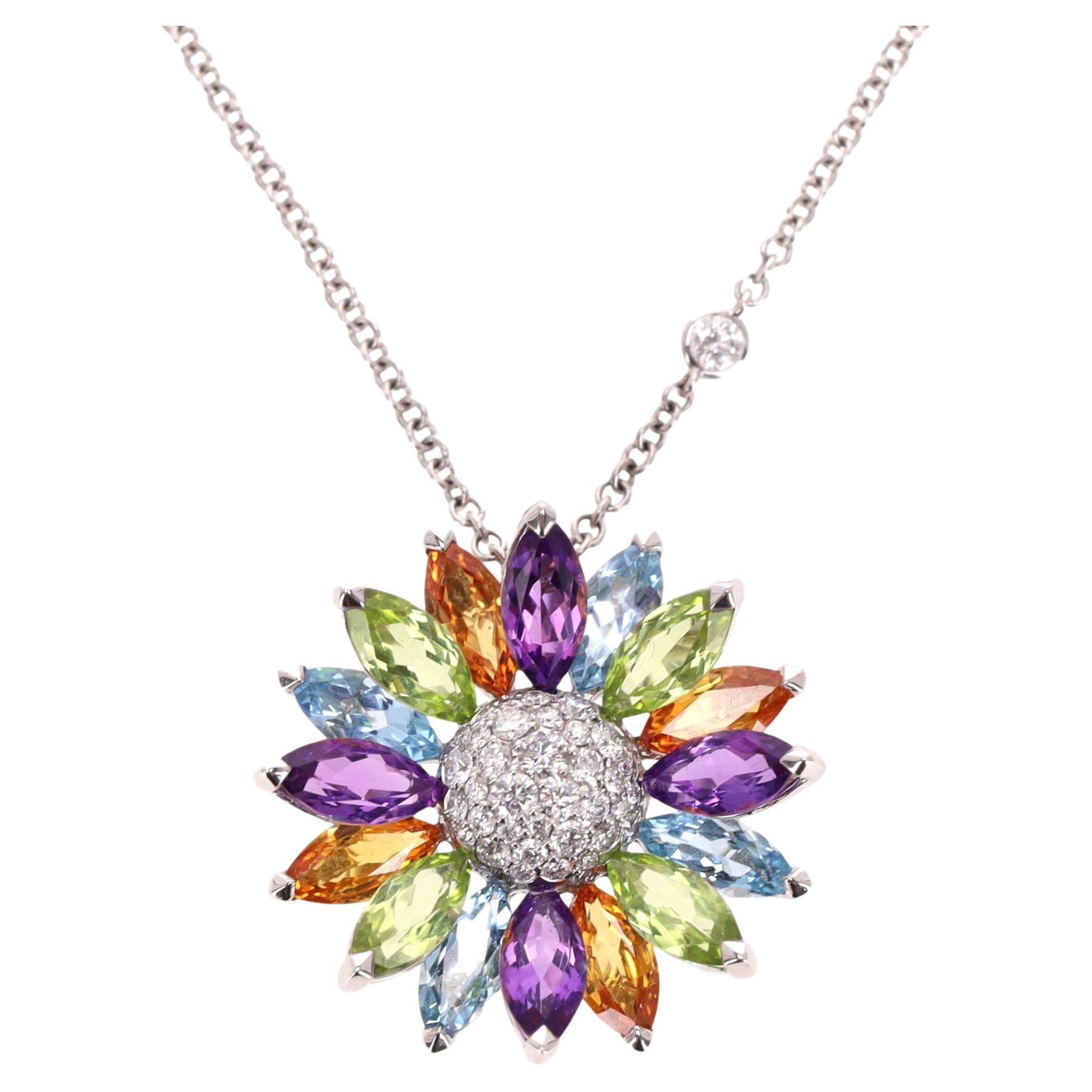 Asprey Daisy Pendant in Gemstones & Diamond With 18k White Gold Necklace