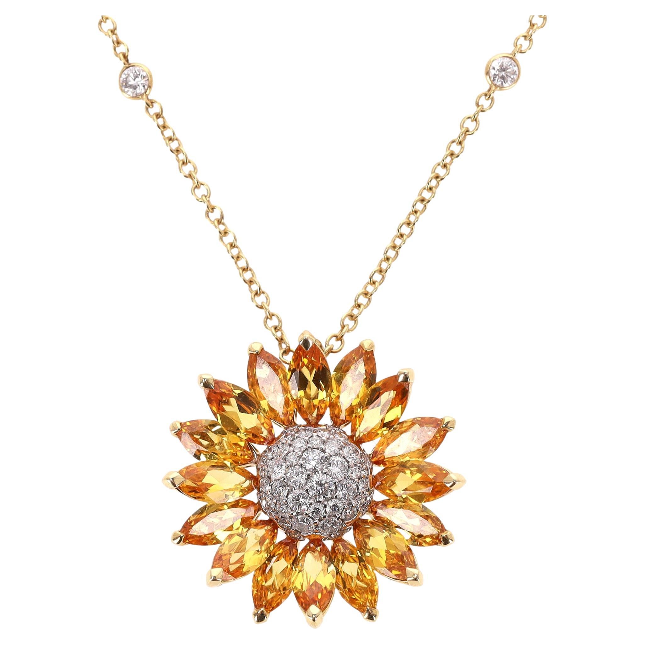 Asprey Daisy Pendant in Yellow Sapphire & Diamond With 18k Gold Necklace