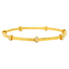 Asprey Diamond 18 Karat Hammered Gold Station Bangle Bracelet