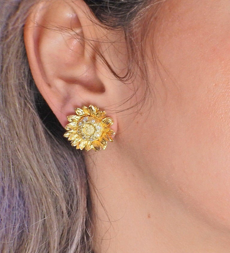 Asprey Diamond Gold Sunflower Earrings For Sale at 1stDibs