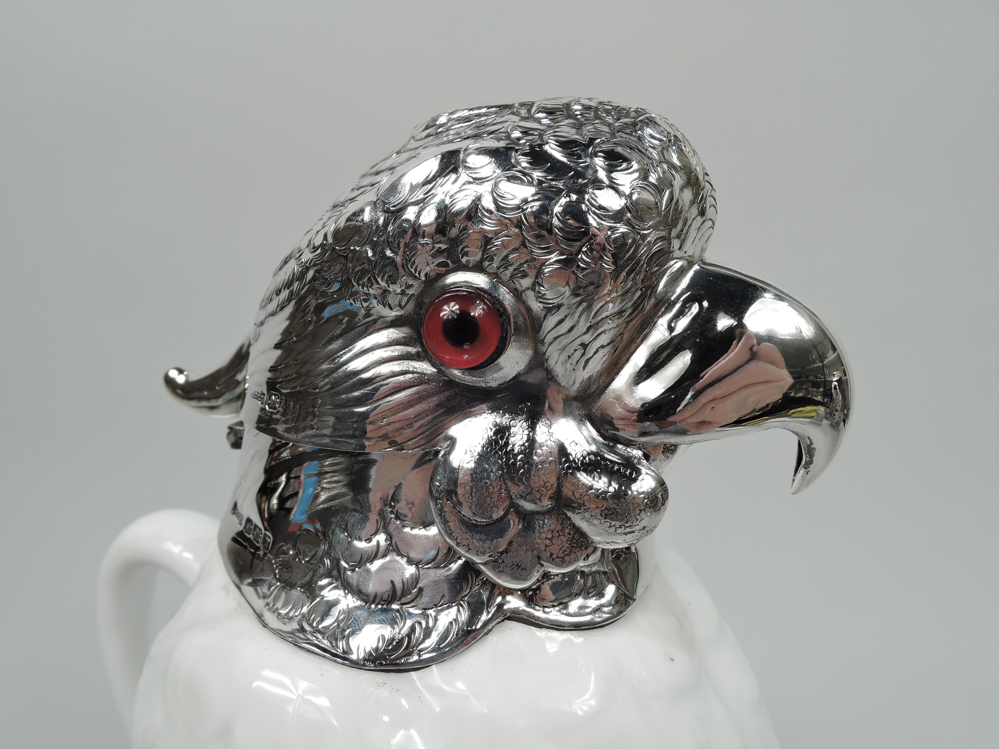Early 20th Century Asprey English Sterling Silver & Blanc De Chine Novelty Bird Decanter