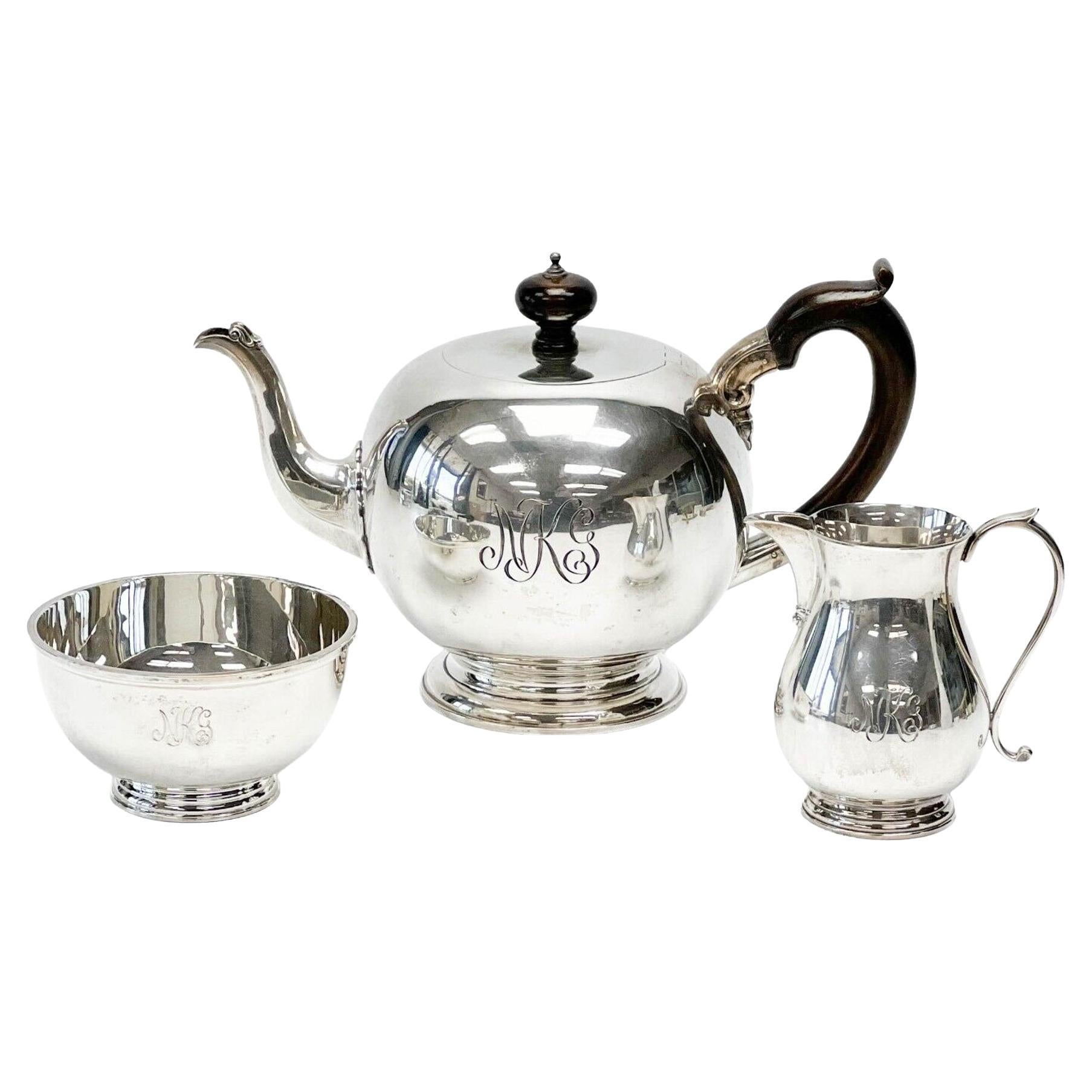 Asprey & Garrard England Sterling Silver Tea Set Teapot with Wood Handle For Sale