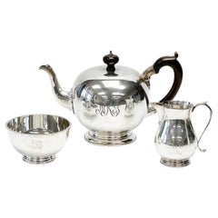 Antique Asprey & Garrard England Sterling Silver Tea Set Teapot with Wood Handle