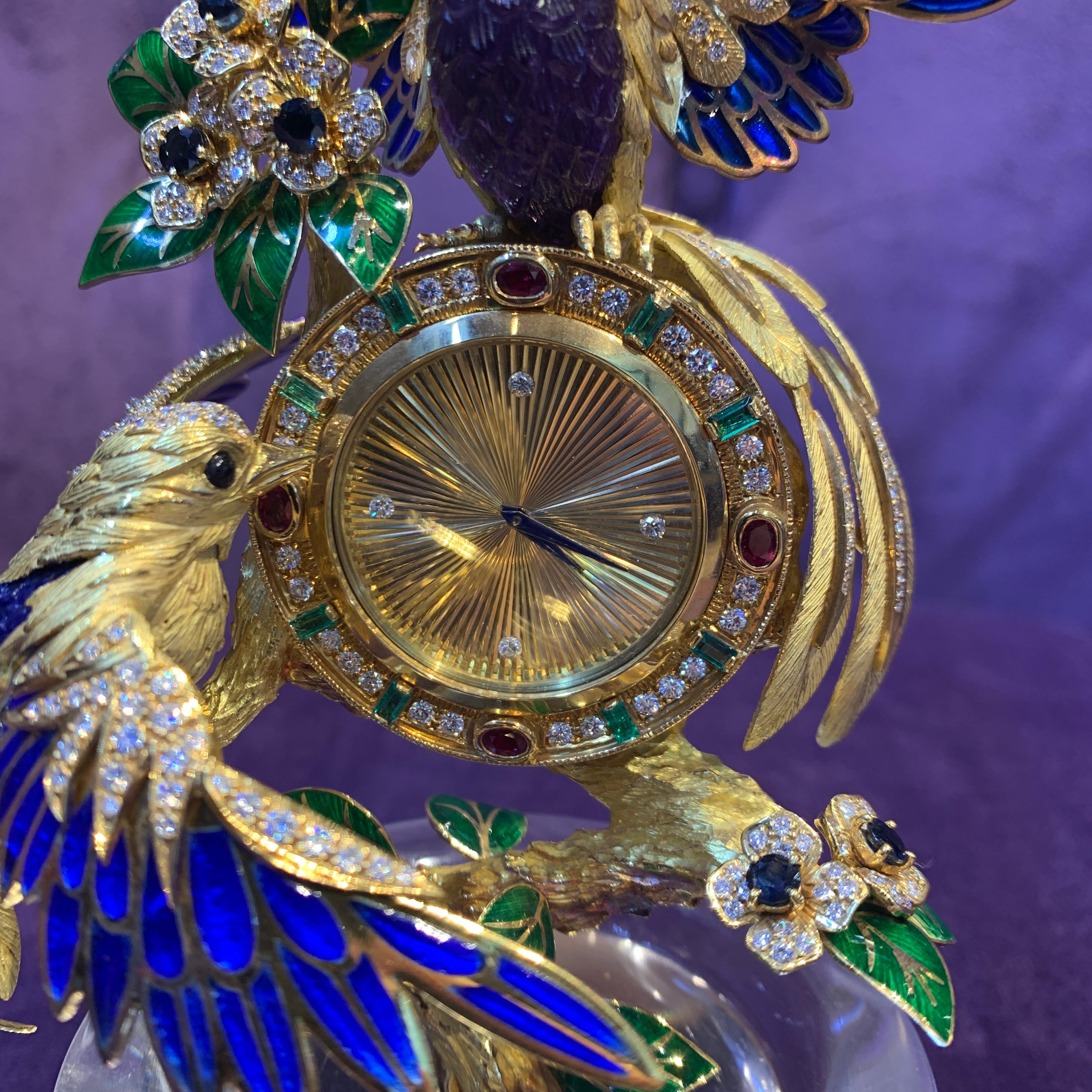 Horloge oiseau en or serti de pierres précieuses Asprey en vente 9