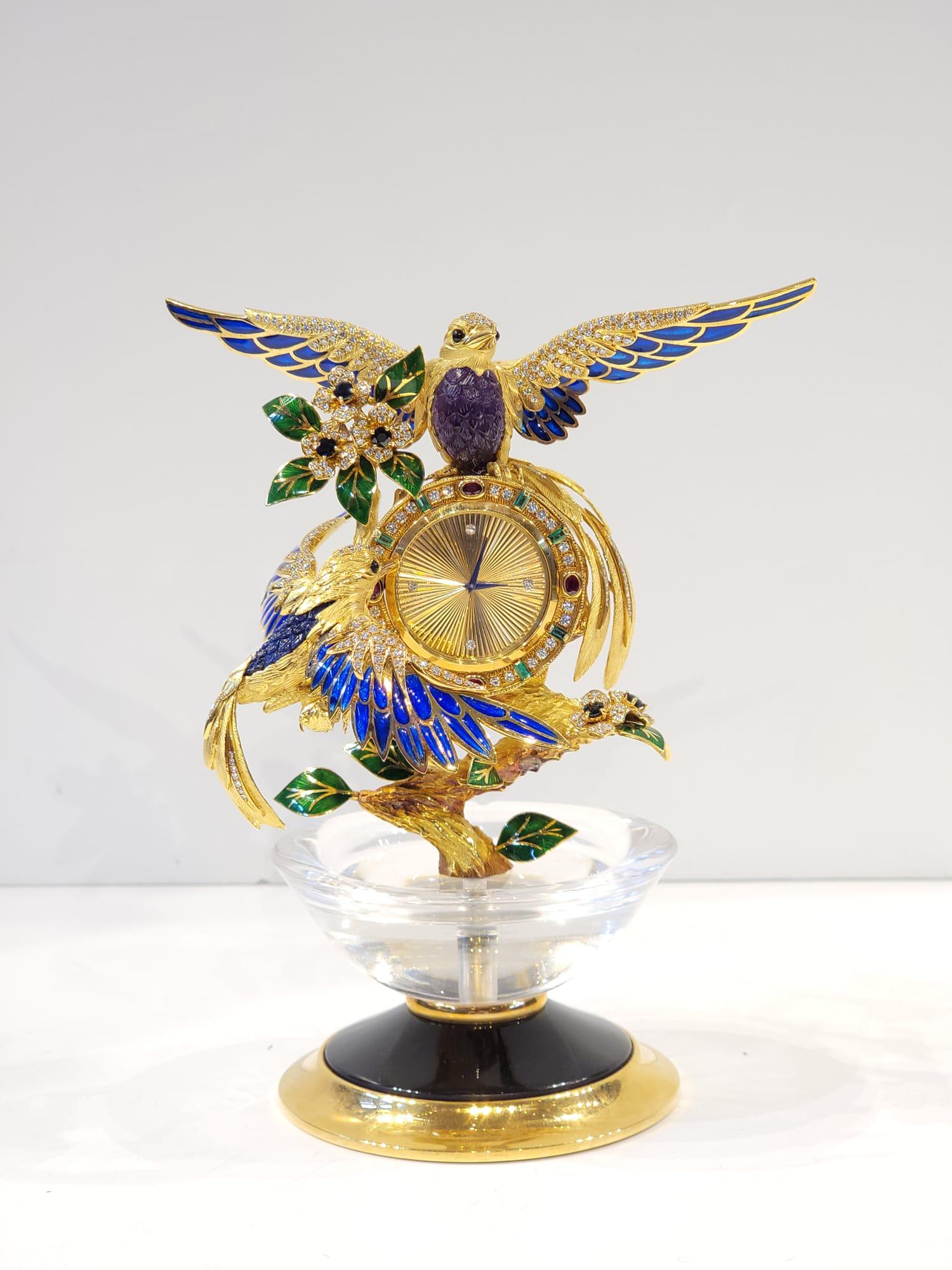 Round Cut Asprey Gem Set Gold Bird Clock