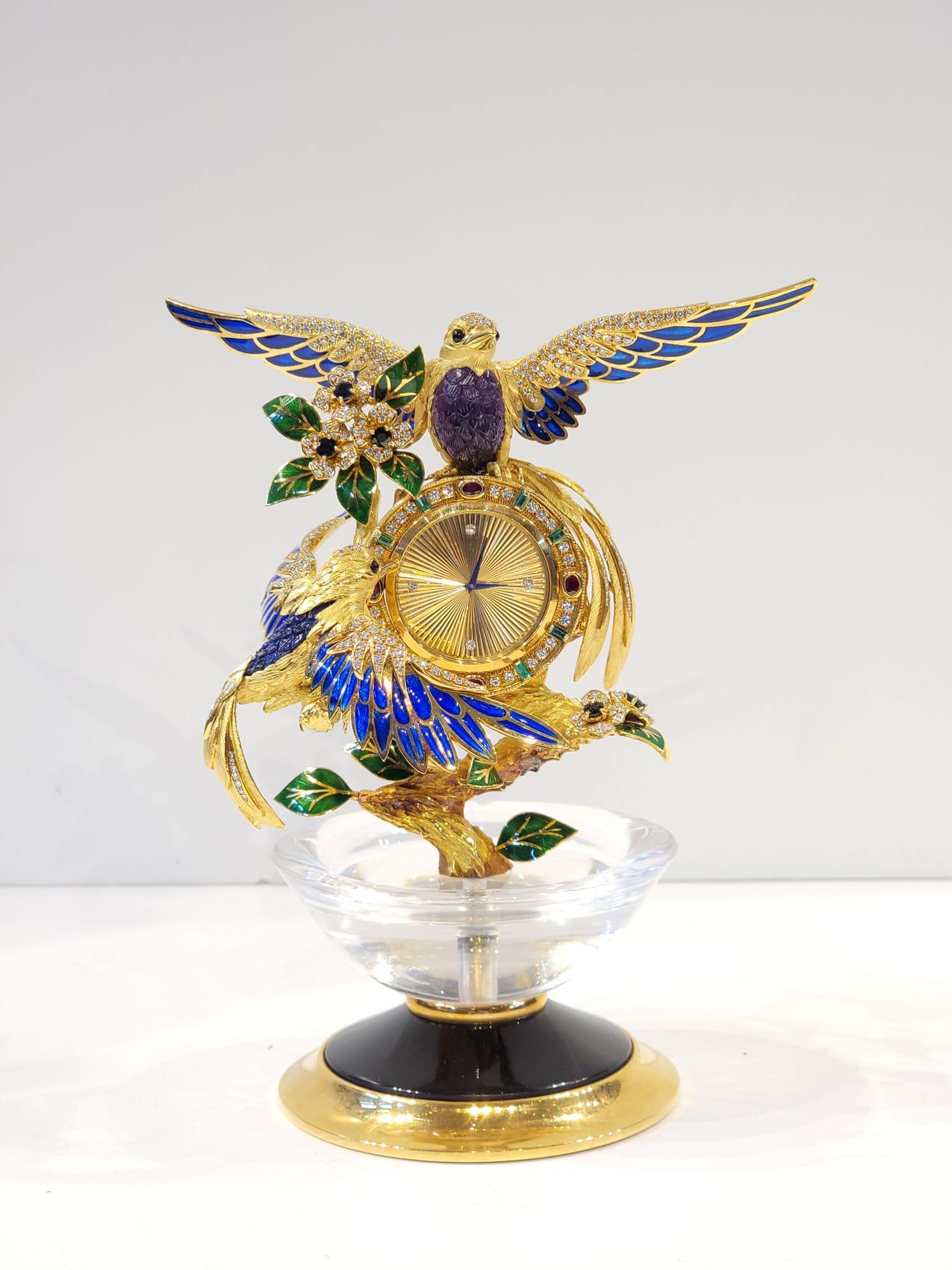 Round Cut Asprey Gem Set Gold Bird Clock For Sale