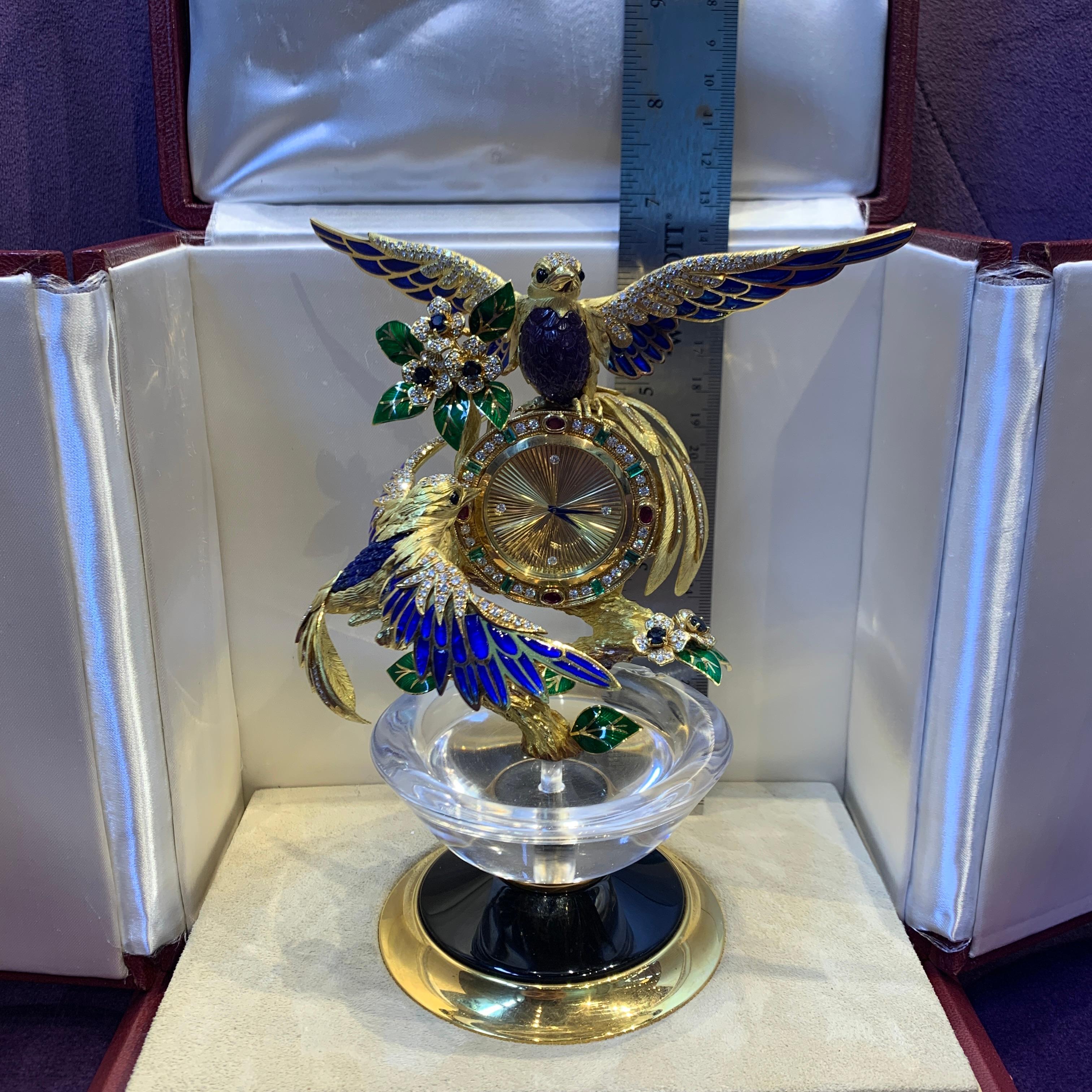 Asprey Gem Set Gold Bird Clock In Excellent Condition For Sale In New York, NY