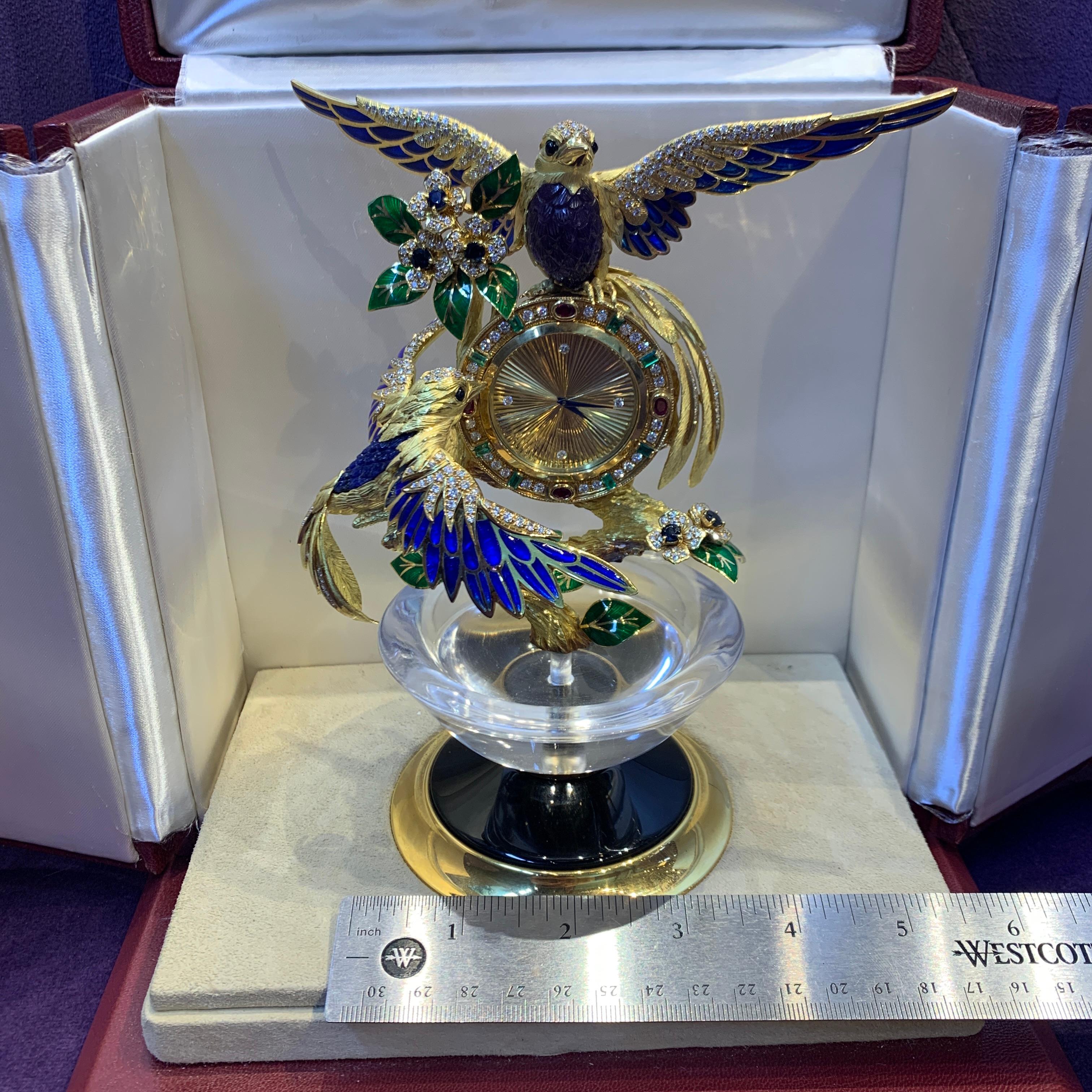 Women's or Men's Asprey Gem Set Gold Bird Clock For Sale