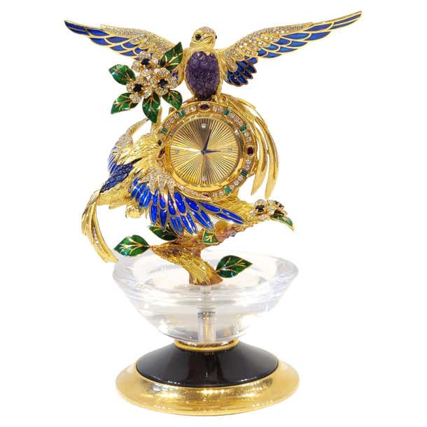 Asprey Gem Set Gold Bird Clock For Sale at 1stDibs