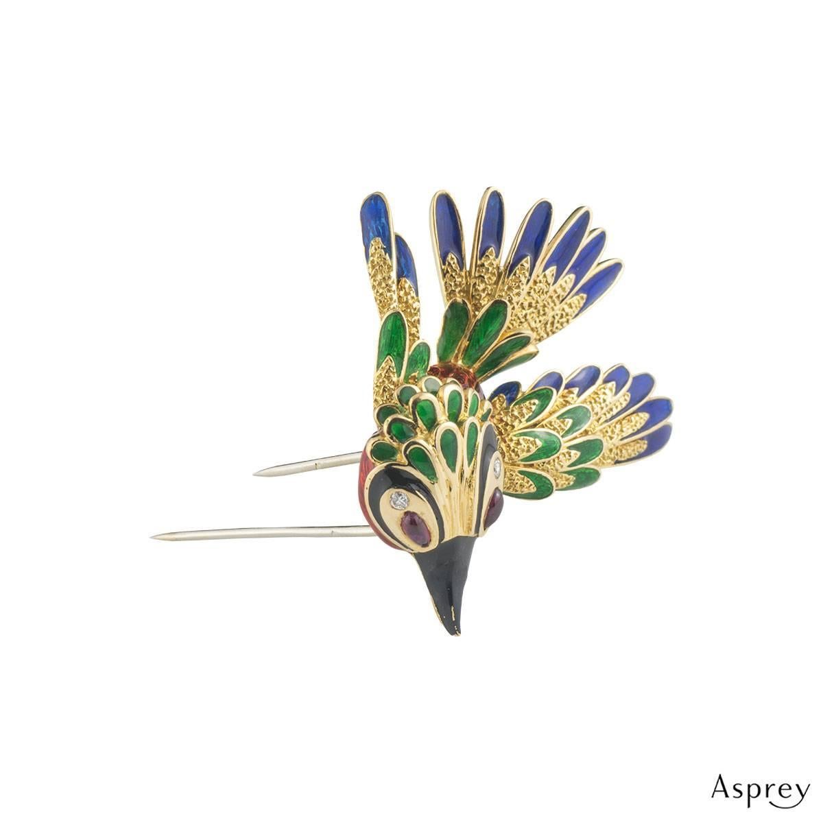 Asprey Gold Diamond, Ruby and Enamel Woodpecker Brooch In Excellent Condition In London, GB