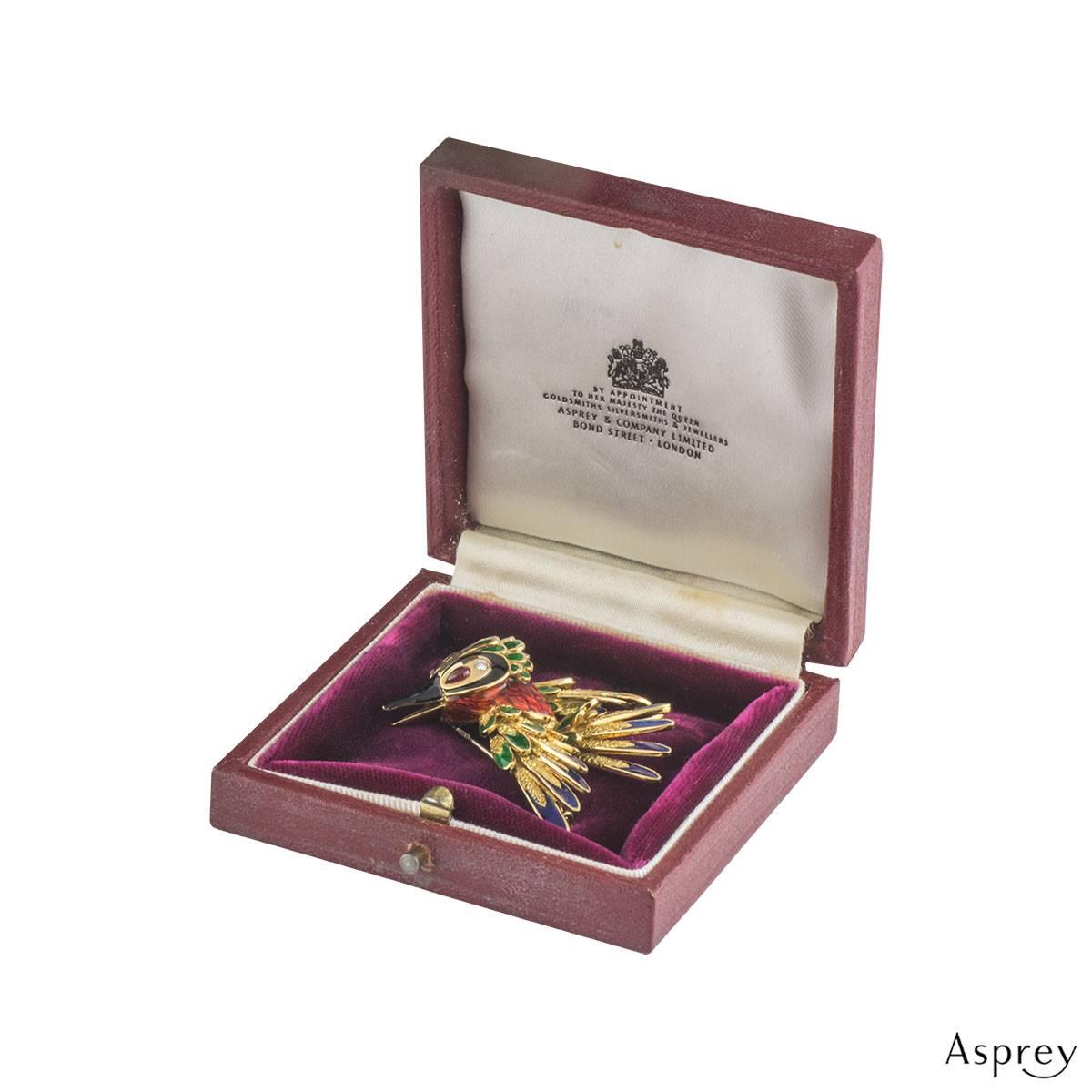 Asprey Gold Diamond, Ruby and Enamel Woodpecker Brooch 1
