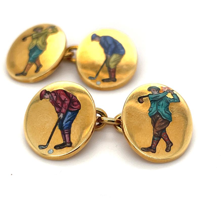 Double-sided 18K yellow gold double-sided cufflinks.  Each side has a multi-color enamel depiction of a golfer.   Made and signed by ASPREY.  1/2