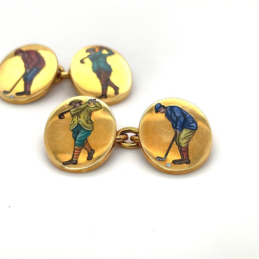 Asprey Golf Cufflinks Gold Enamel In Good Condition In New York, NY