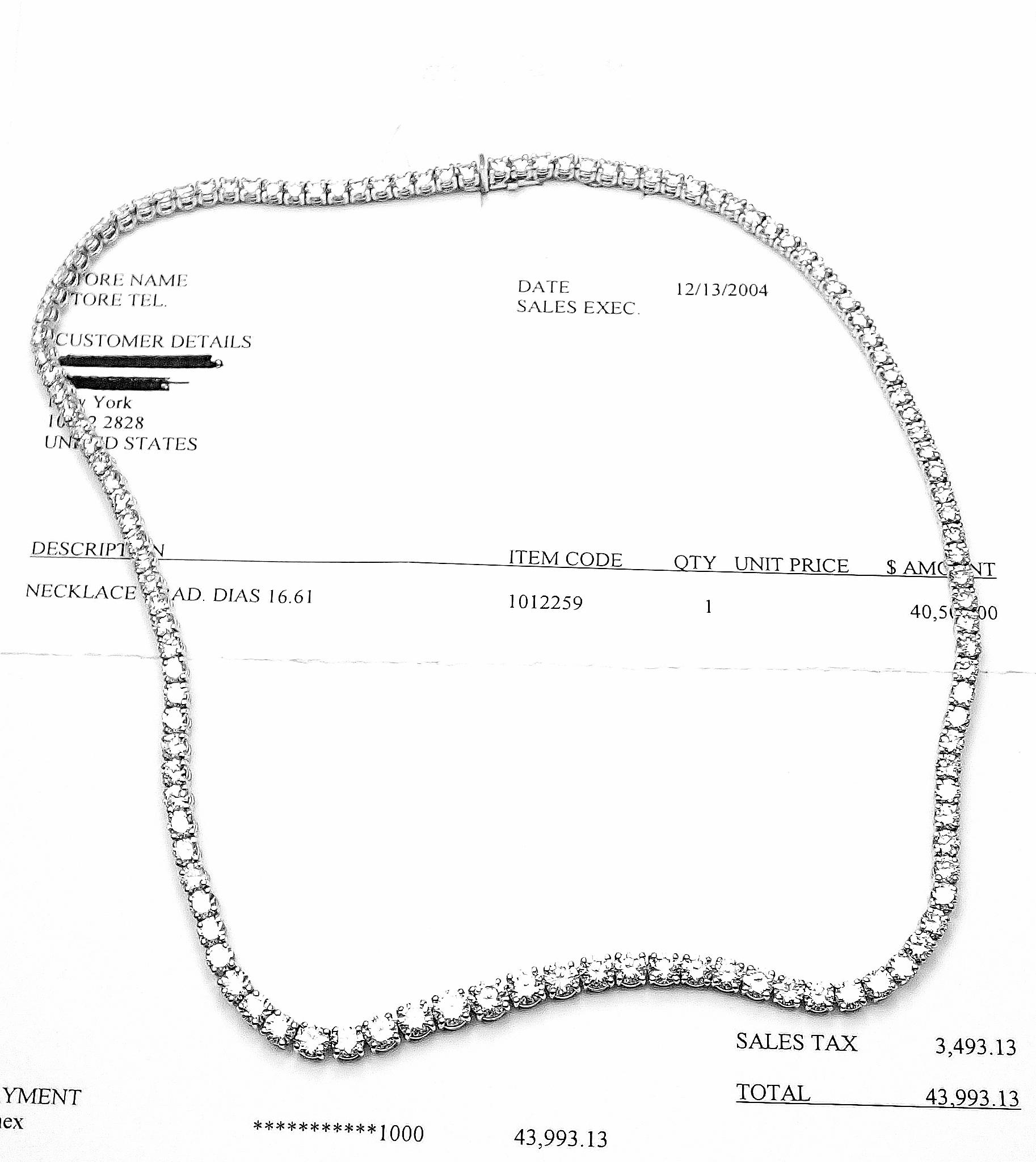 Platinum Graduating Diamond Riviera Necklace by Asprey.
With 122 Round brilliant cut diamonds F color, VVS1 clarity total weight approx. 16.61ct  
This necklace comes with the box and a certificate from 2004 for $40,000.
Details:
Weight: 31.7