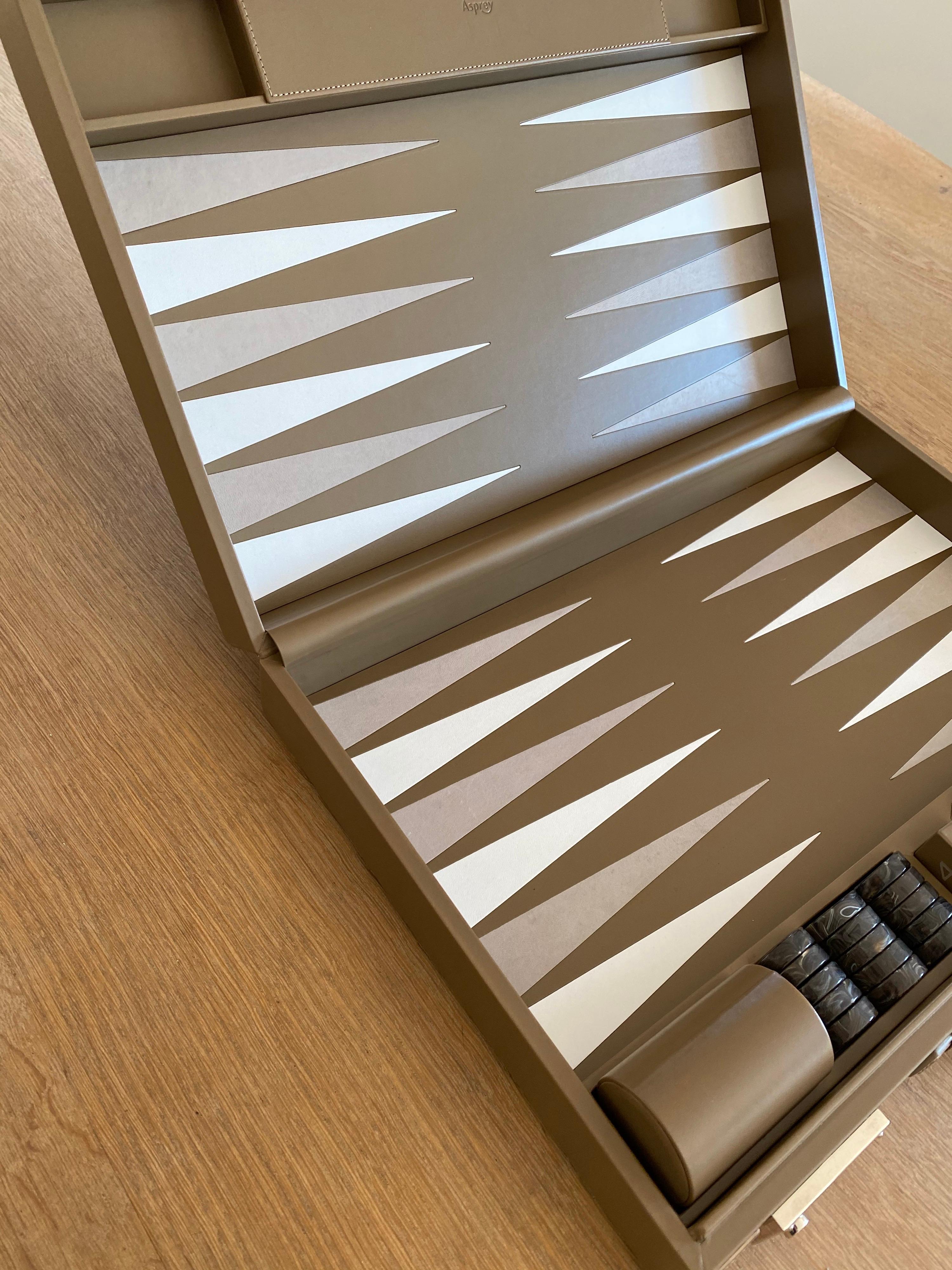 Asprey Hanover Backgammon set is a carefully considered combination of materials - selected to suit all levels of play, from the professional player to the recreational and new player. The exterior case of saddle leather features defining stitch
