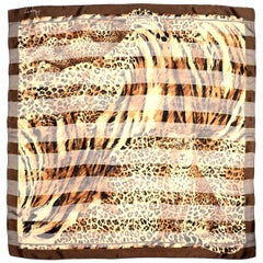 Asprey Leopard Sheer Silk 34" Scarf W/ Metallic/Iridescent Stripe