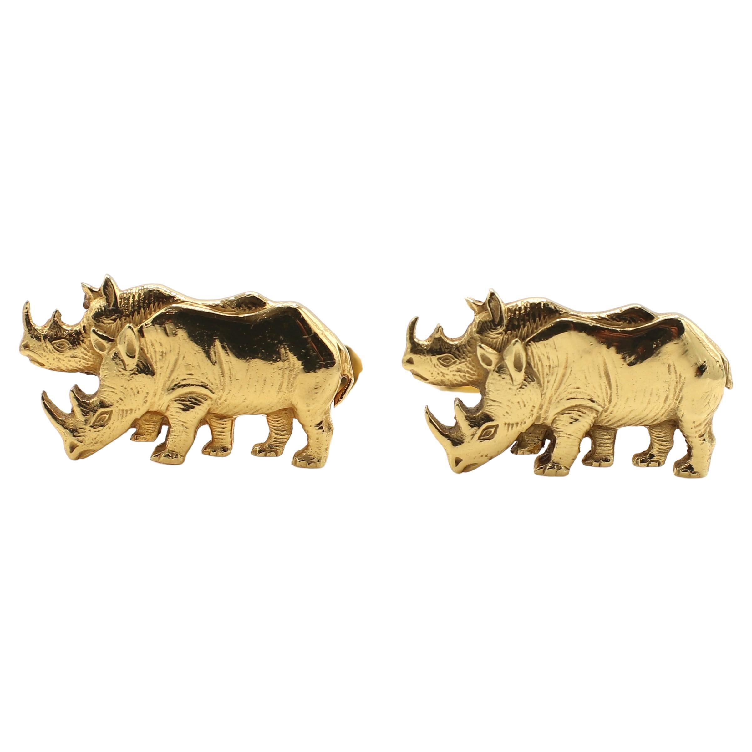Asprey London 18 Karat Yellow Gold Rhinoceros Animal Cufflinks