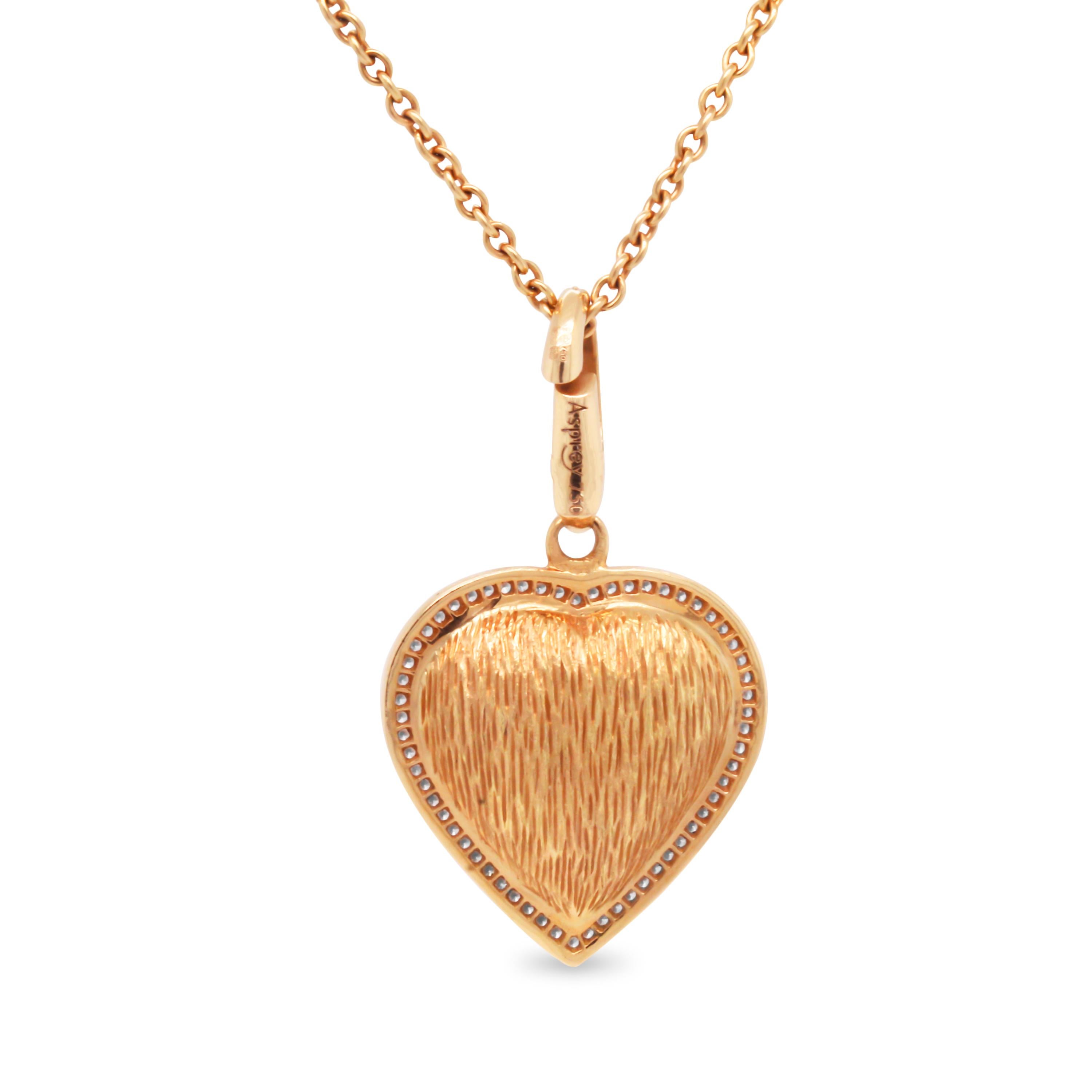 Asprey London 18K Yellow Gold and Diamond Heart Enhancer Pendant with Chain

This brushed-matte finished heart pendant has diamonds set on the edge. 

Apprx. 0.76 carat G color, VS clarity diamonds total weight

Chain is 22 inches in length.

Heart