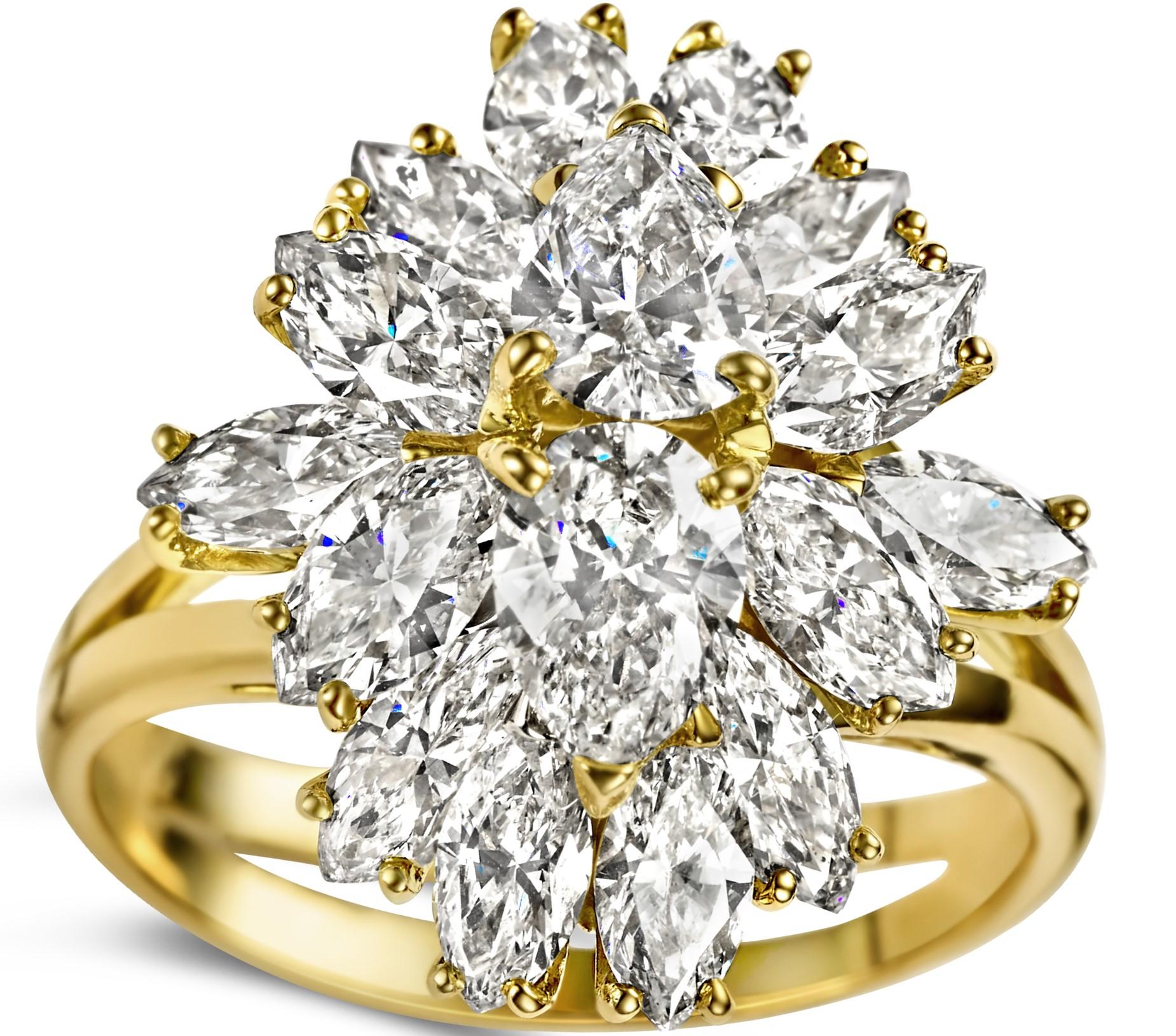 Beautiful Asprey London 18kt. Yellow Gold Ring With 1.2 ct. Pear Cut and 2.03 kt. Marquise Cut Diamonds, from Estate Sultan of Oman Qaboos Bin Said.

Diamonds : 
Pear Cut : approx. 1.2 ct.
Marquise Cut : approx. 2.03ct.

Material : 18kt 

Ringsize :