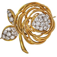 Asprey London Broche fleur de rose en or jaune 18 carats et diamants, années 1960