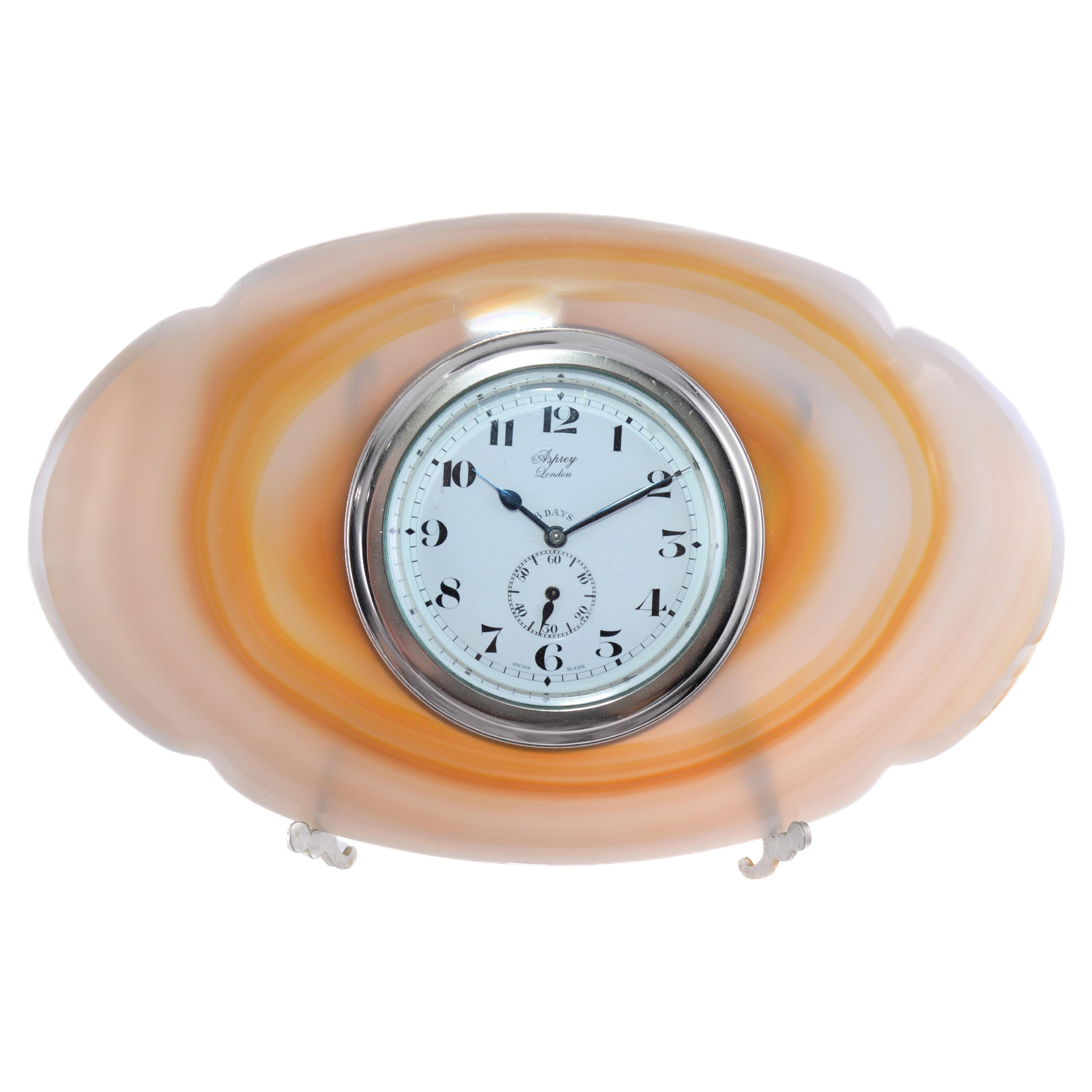 Asprey London, Art Deco Agate Stone Desk Clock One of One 1930's In Excellent Condition For Sale In Long Beach, CA