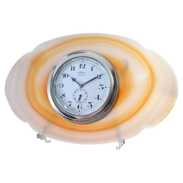 Asprey London, Art Deco Agate Stone Desk Clock One of One 1930's For Sale