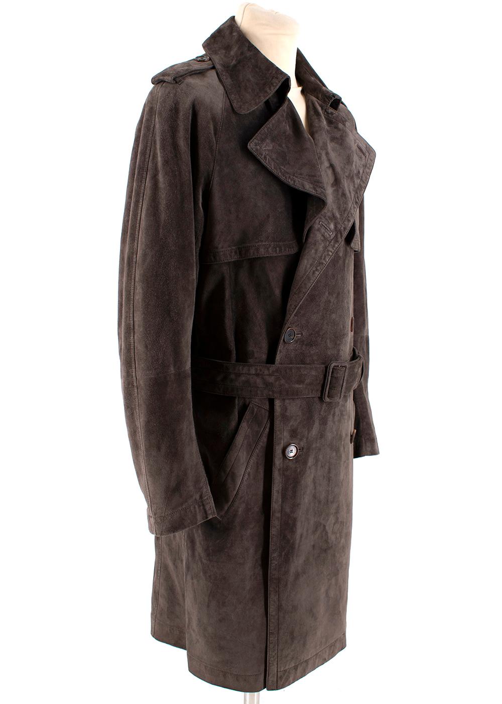 Asprey London Brown Trench Coat Mens

- IT 48
- Silver hook chain hardware
- Belted at the waist
- Tortoise shell buttons on the shoulders
- Relaxed look
- Brown soft suede outer-shell 
- Leather brown lining 
- Trans-seasonal design 

Please note,