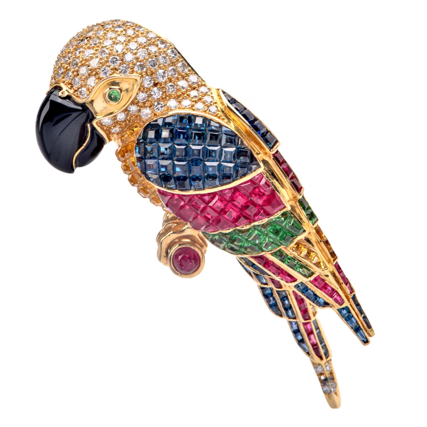 Asprey London Diamant 16,10cts Multigems 18K Gold Papagei-Brosche/Anstecknadel (Moderne) im Angebot