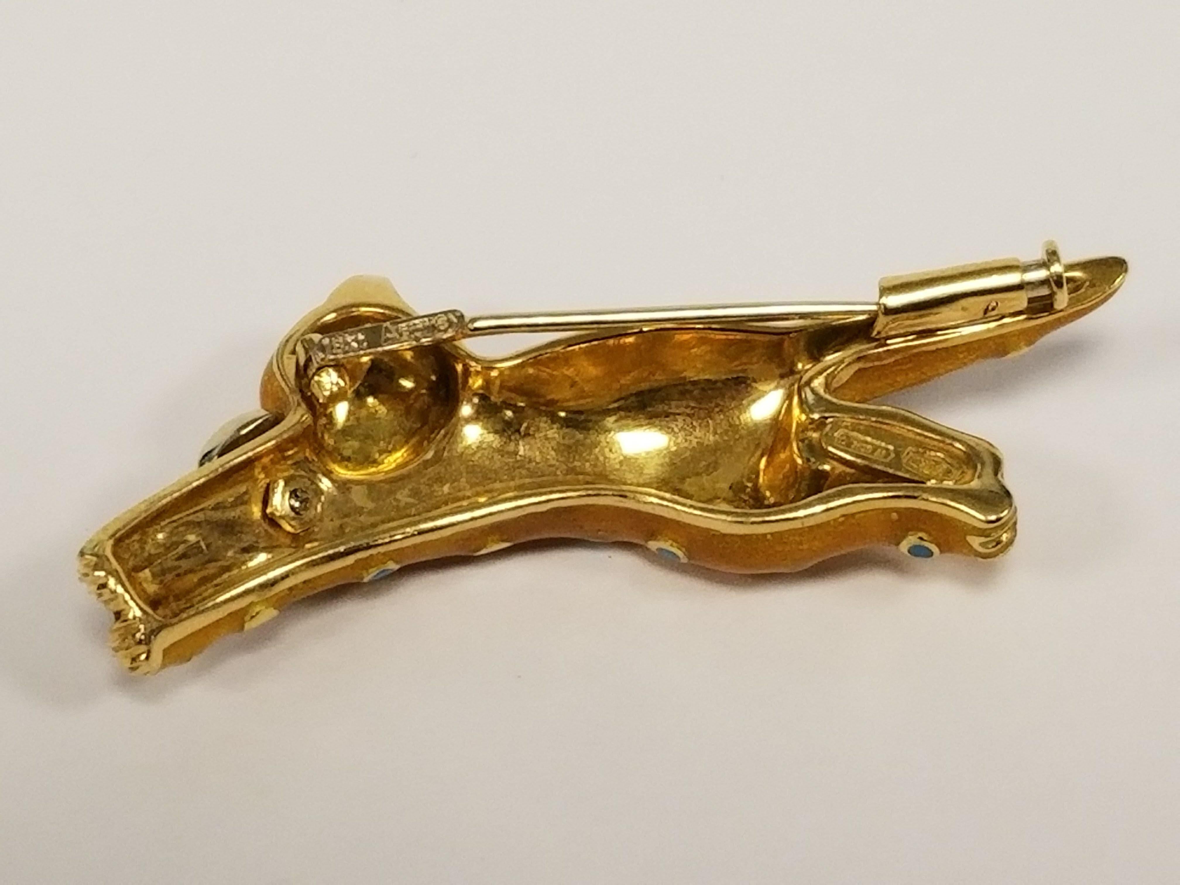 Asprey London Diamond Gold and Enamel Cat Brooch In Excellent Condition In New York, NY