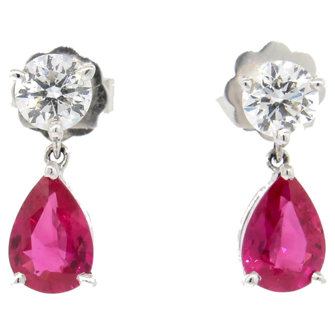 Asprey London Pear Shaped Ruby and Round Diamond Drop Earrings