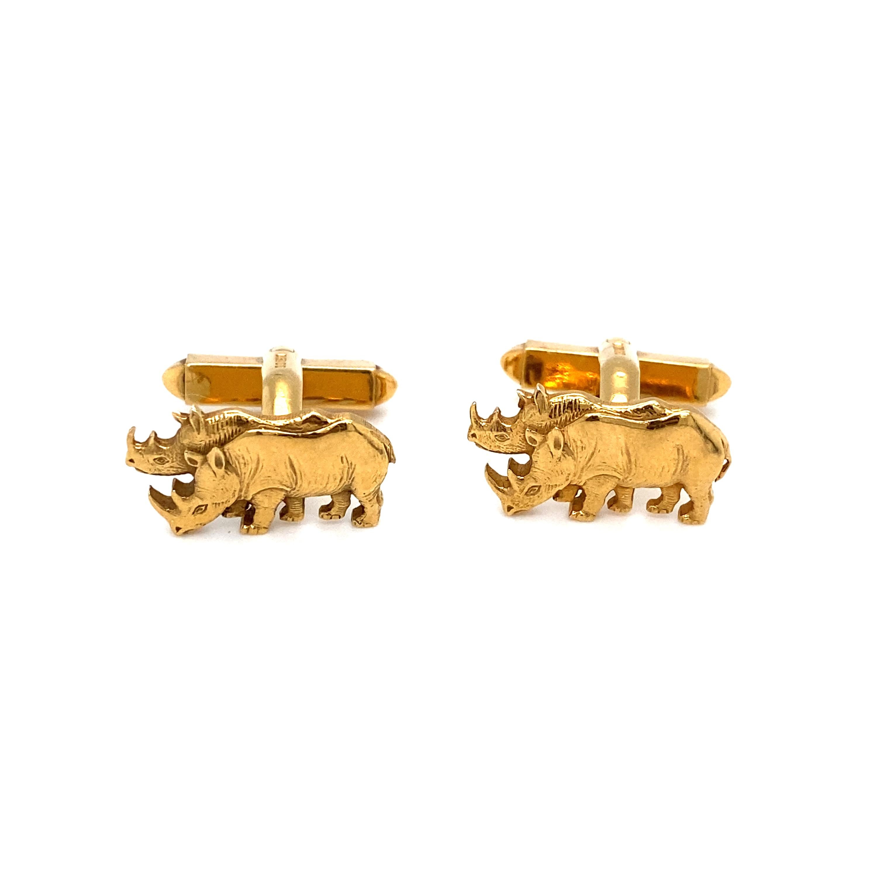 Item Details: These unique rhinoceros cufflinks by ASPREY London are perfect for an animal lover. Beautifully crafted of 18 karat yellow gold, these cufflinks are hallmarked with the Asprey logo, as well as British hallmarks for 18 karat yellow