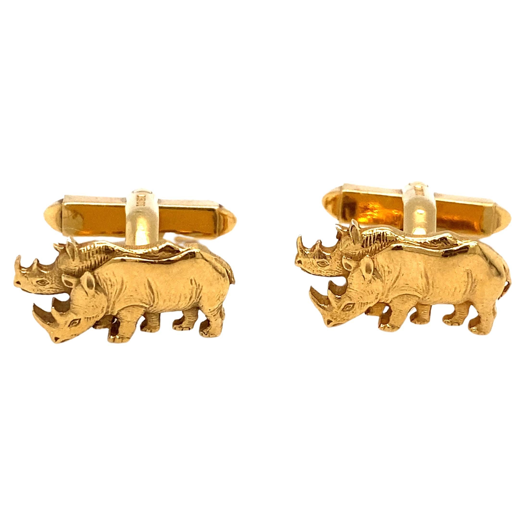 Asprey London Boutons de manchette rhinocéros en or jaune 18 carats  en vente