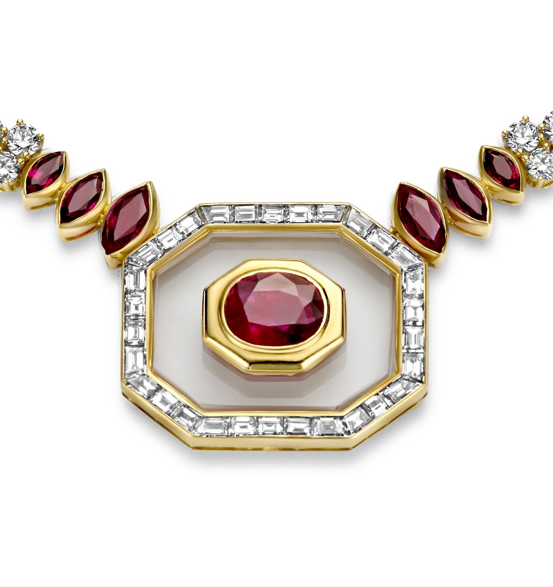 Asprey London Ruby & Diamonds Necklace, Estate Sultan of Oman Qaboos Bin Said 

Diamonds: Brilliant cut diamonds, together approx. 9.75 ct. diamonds

Baguette cut diamonds together approx. 1.45 ct. 

Centre Ruby stone: Natural oval shape, red