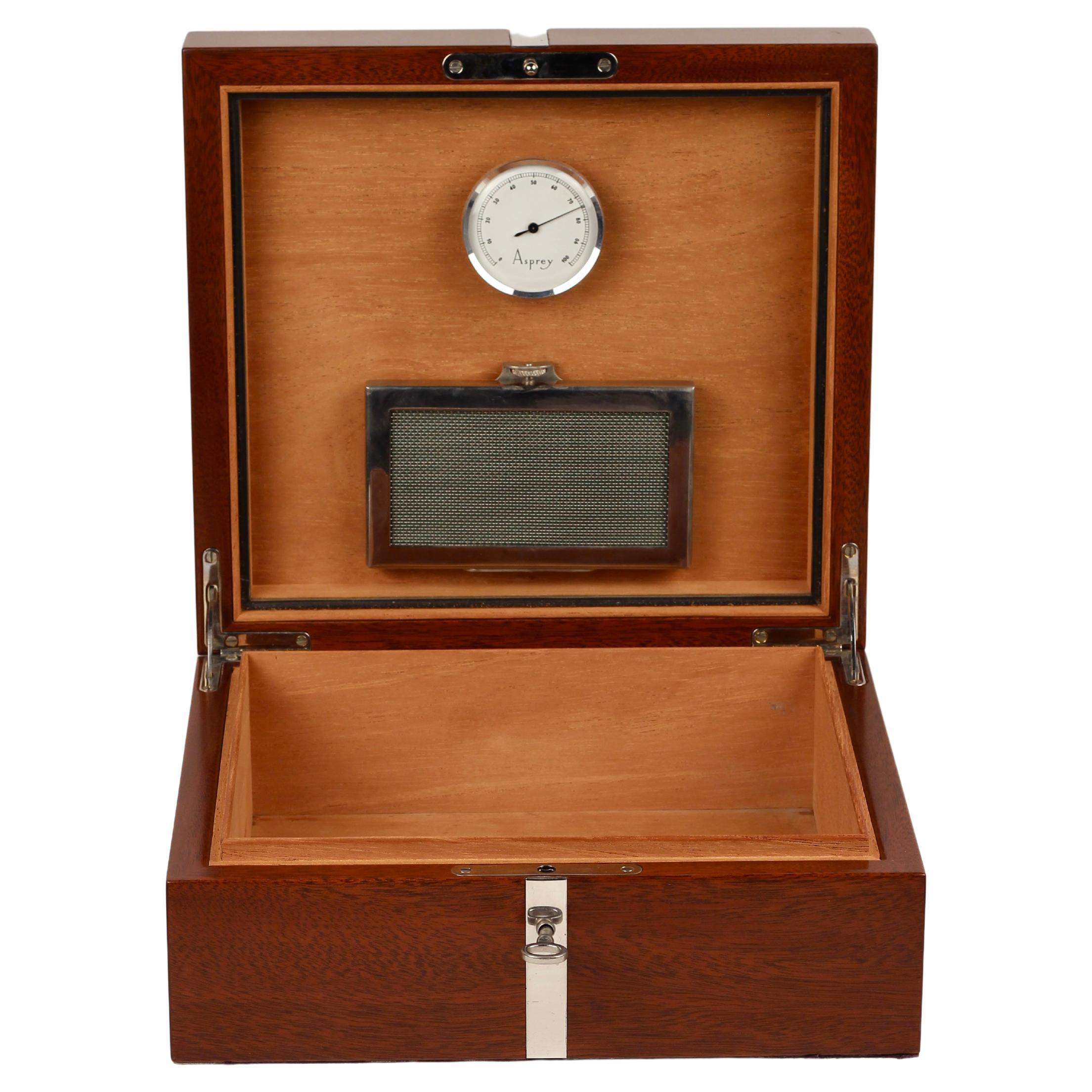 Asprey London Silver-Banded Rosewood Humidor with key and Hygrometer 2005 For Sale