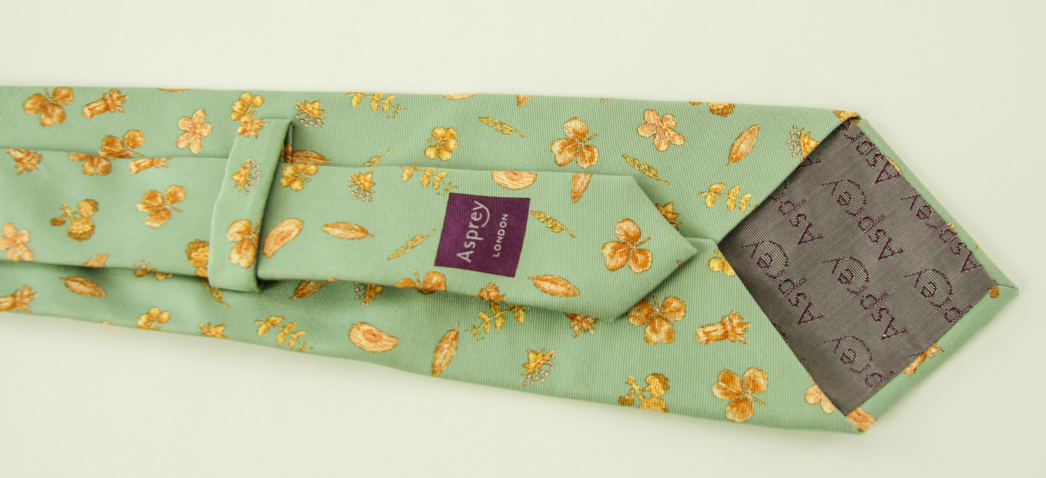 Asprey London Teal Silk Tie with Gold Floral Print For Sale 5