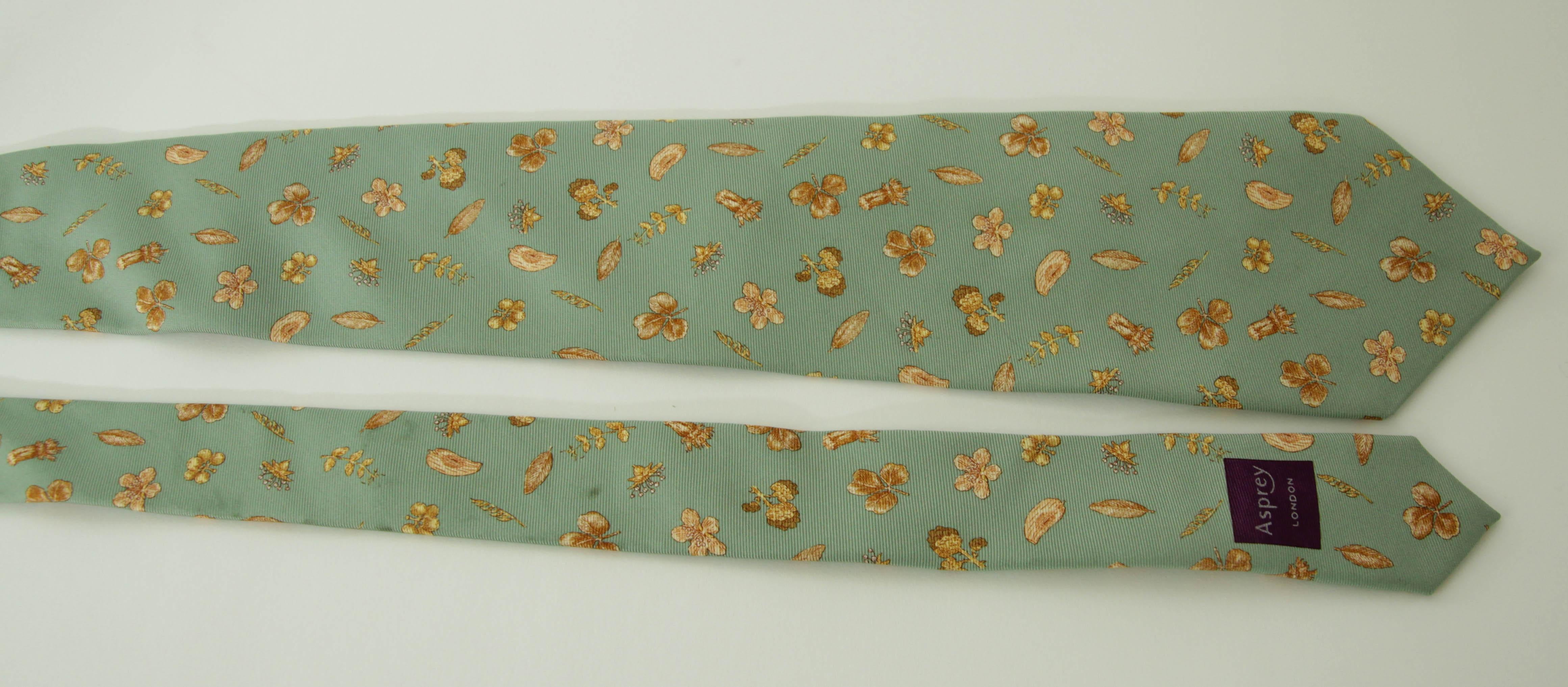 Asprey London Teal Silk Tie with Gold Floral Print For Sale 7